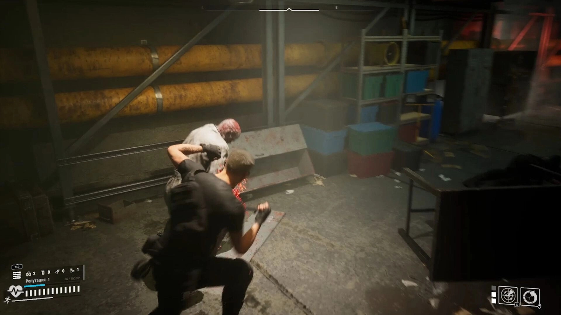 PANGIT: Agent attacks mutated enemy in dimly lit storage room with pipes and scattered debris