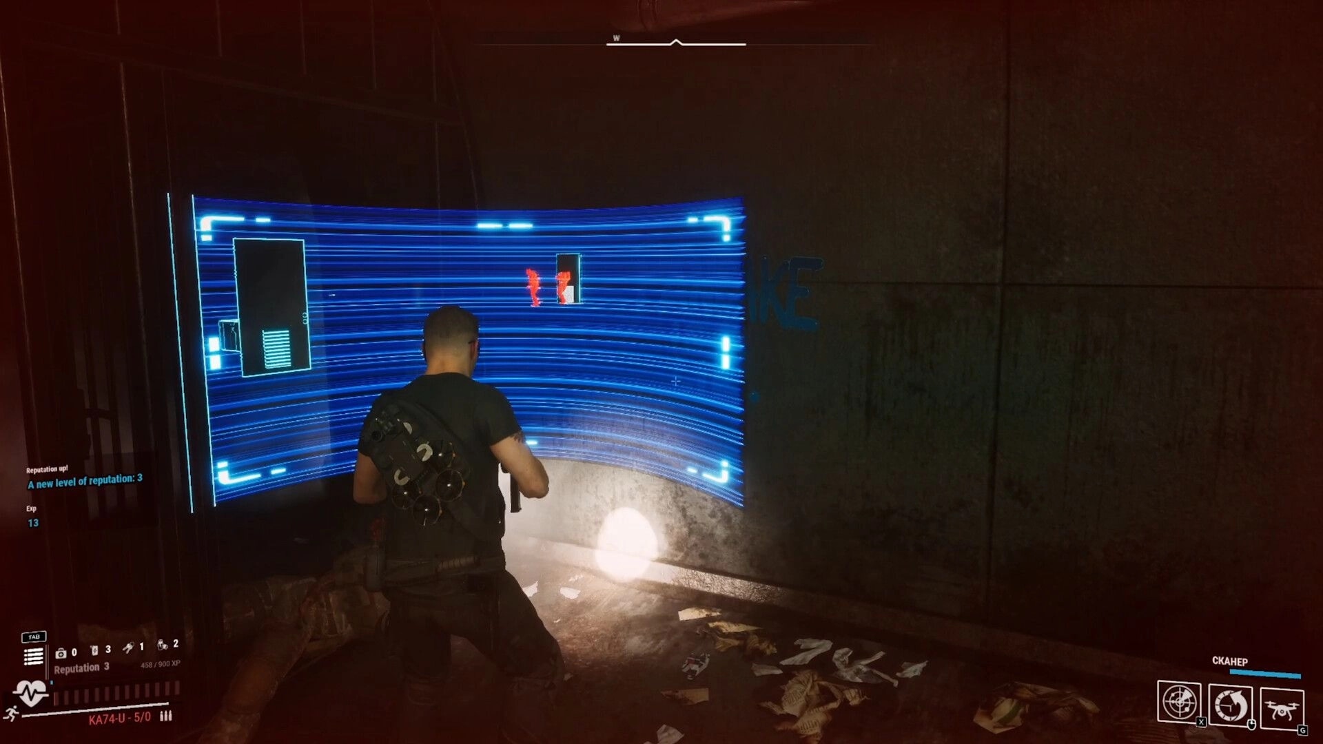PANGIT: Agent interacts with holographic display in dimly lit, debris-filled corridor of a military base.