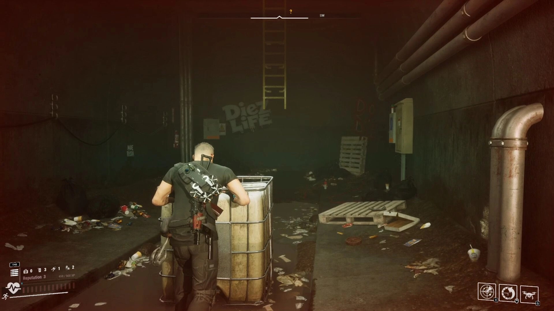 PANGIT: Player crouching behind metal barrel in dimly lit hallway with graffiti and scattered debris