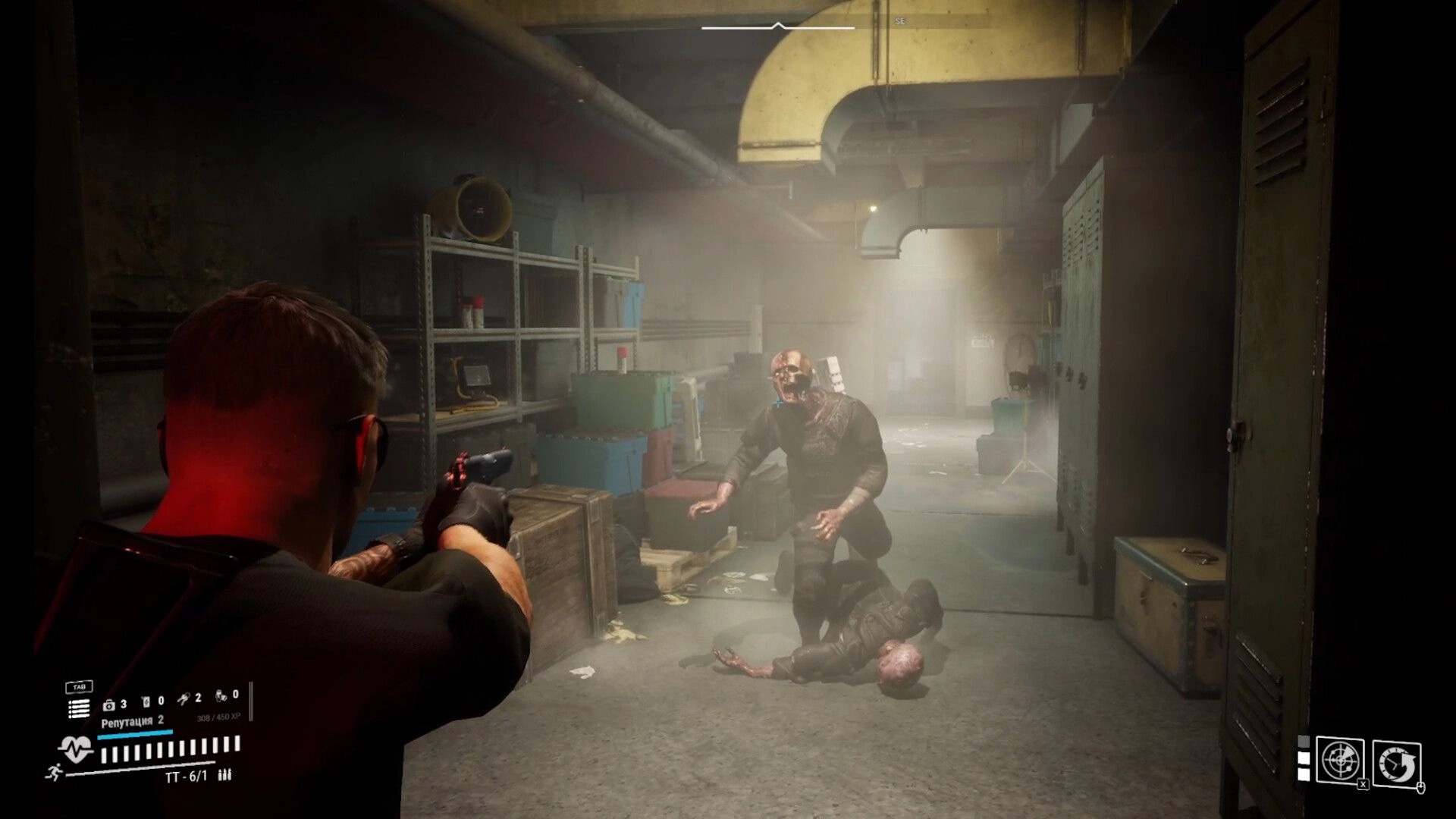 PANGIT: Agent aiming pistol at mutated enemy in dimly lit corridor of abandoned military base