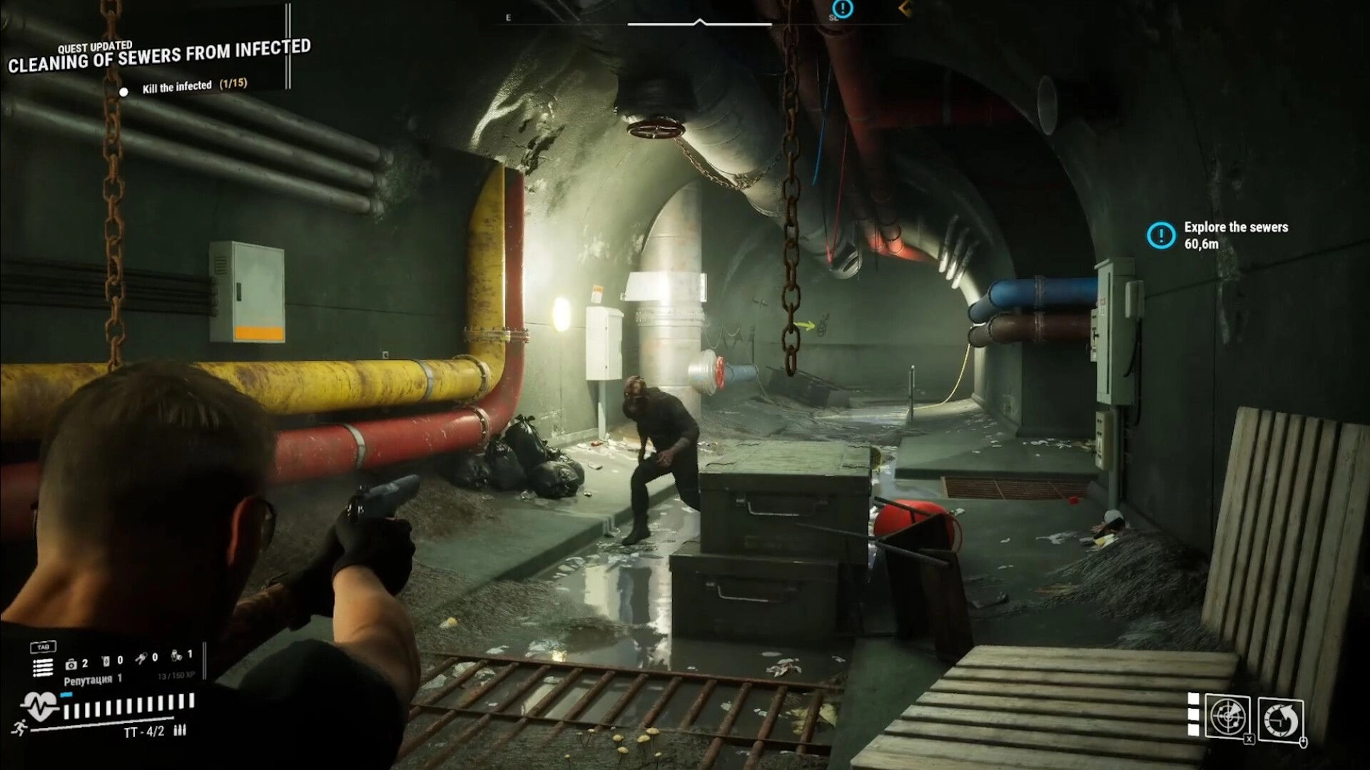 PANGIT: Player aims at infected enemy in an underground sewer with quest and health status displayed