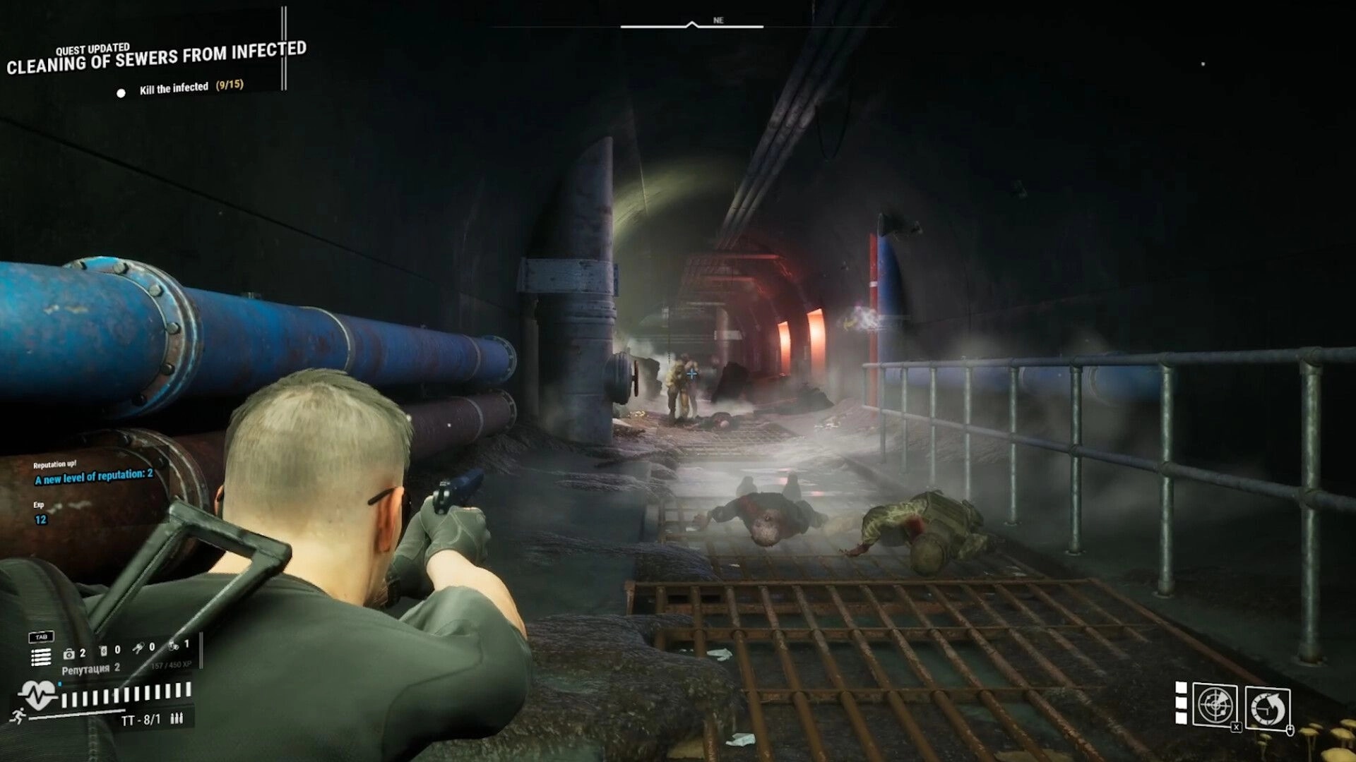 PANGIT: Player aiming gun at infected enemies in dimly lit sewer tunnel with mission progress UI visible.