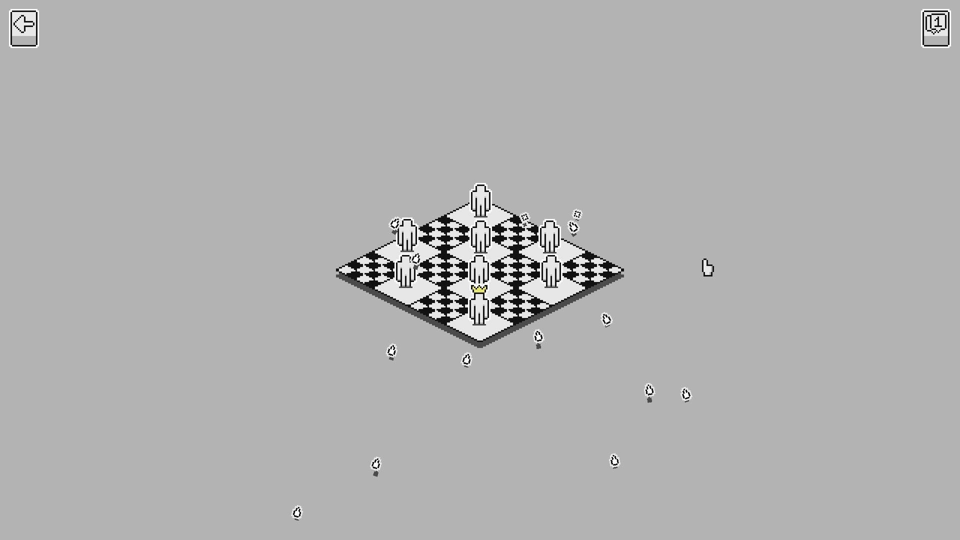 PANIK: Guide characters on a checkered board in a minimalist puzzle environment with scattered numbers.