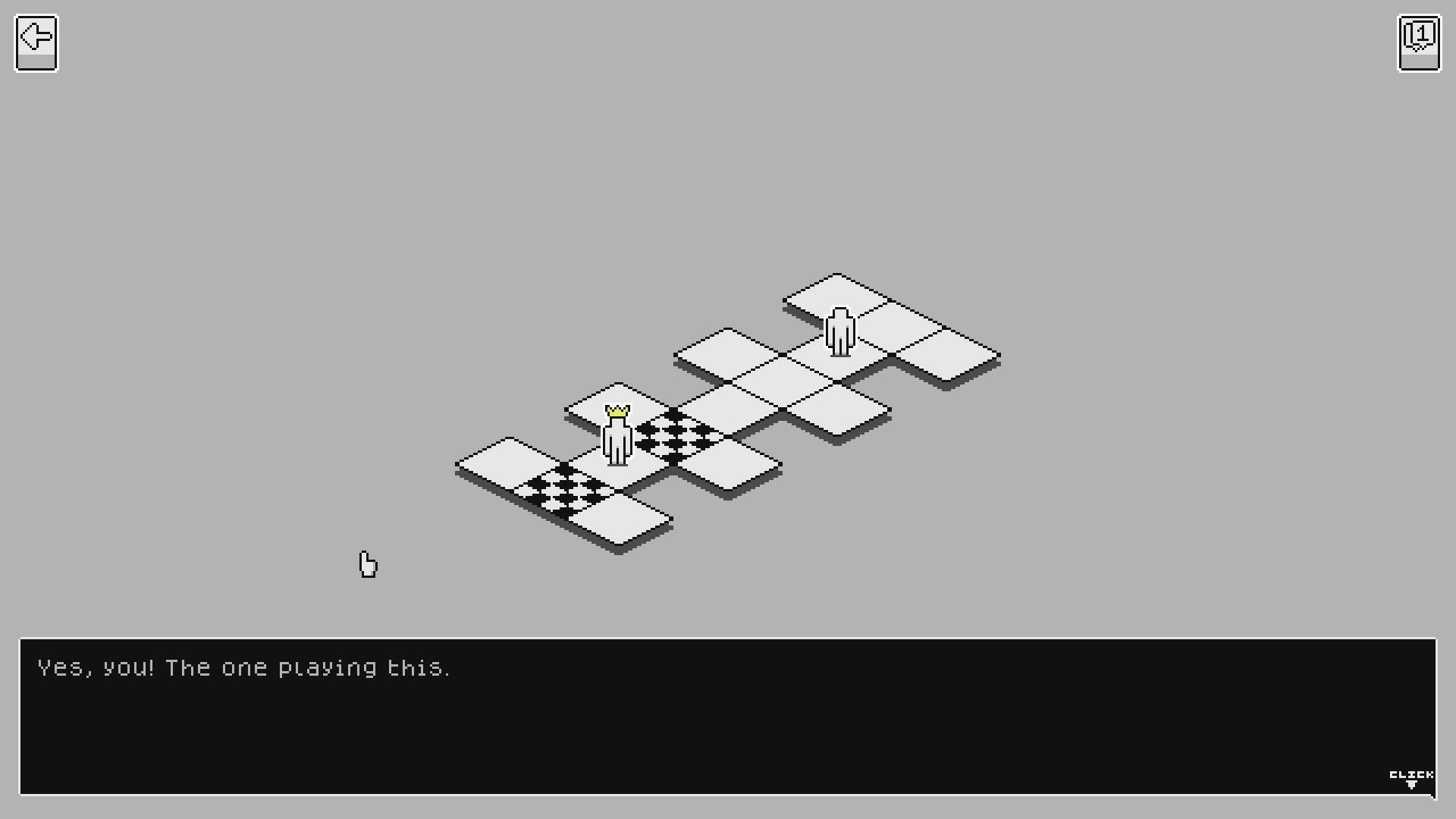 PANIK: Two characters navigate a checkerboard path with a dialogue box prompting player interaction.