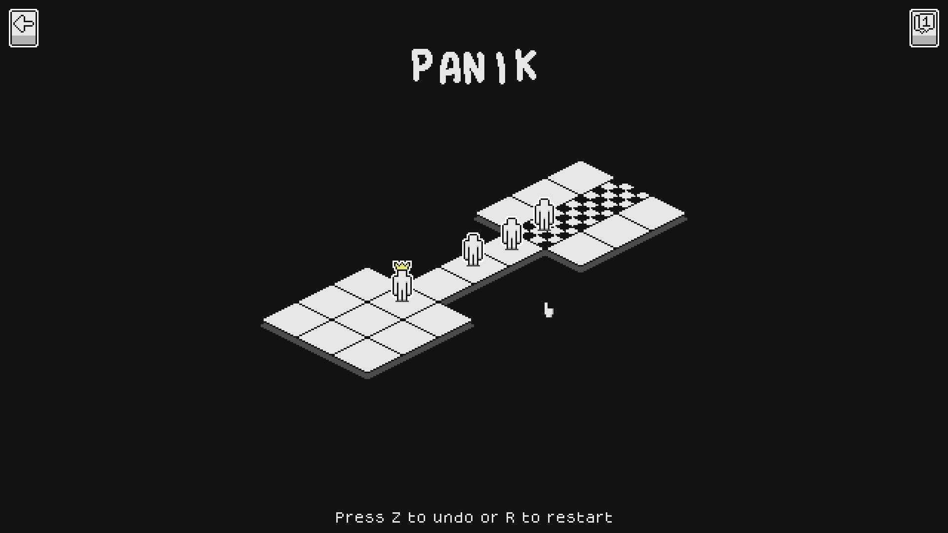 PANIK: Guide four characters across a grid towards a checkered goal in a minimalist puzzle layout.