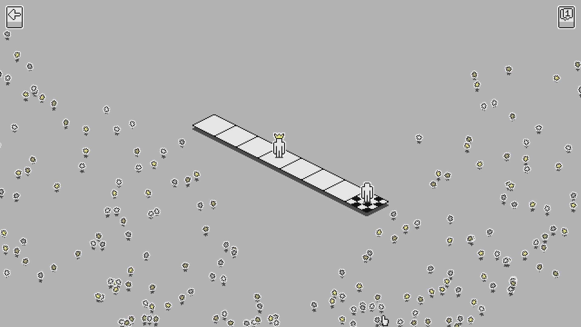 PANIK: Character with crown walks on a path surrounded by small flowers in a minimalistic setting.