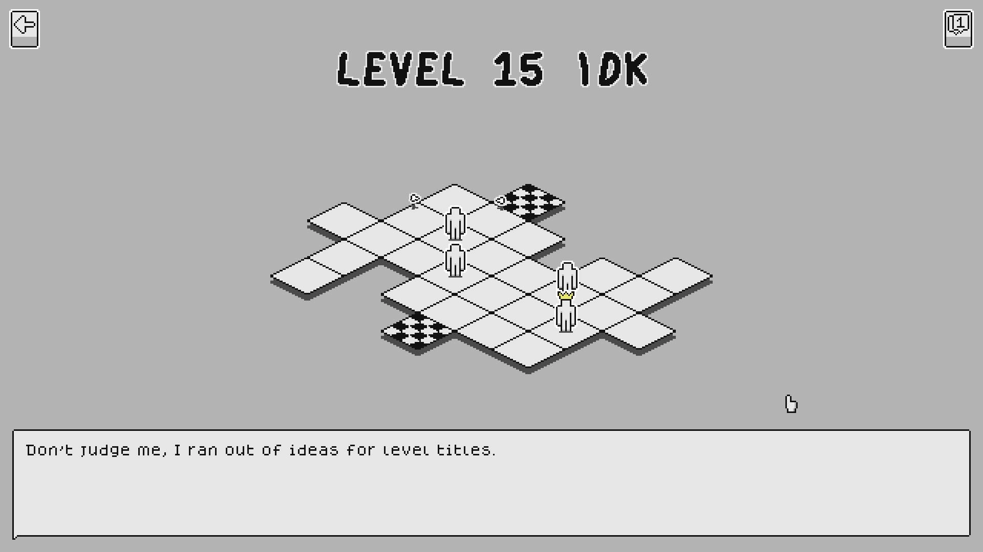 PANIK: Characters navigate checkered tiles in isometric puzzle level with humorous text at bottom