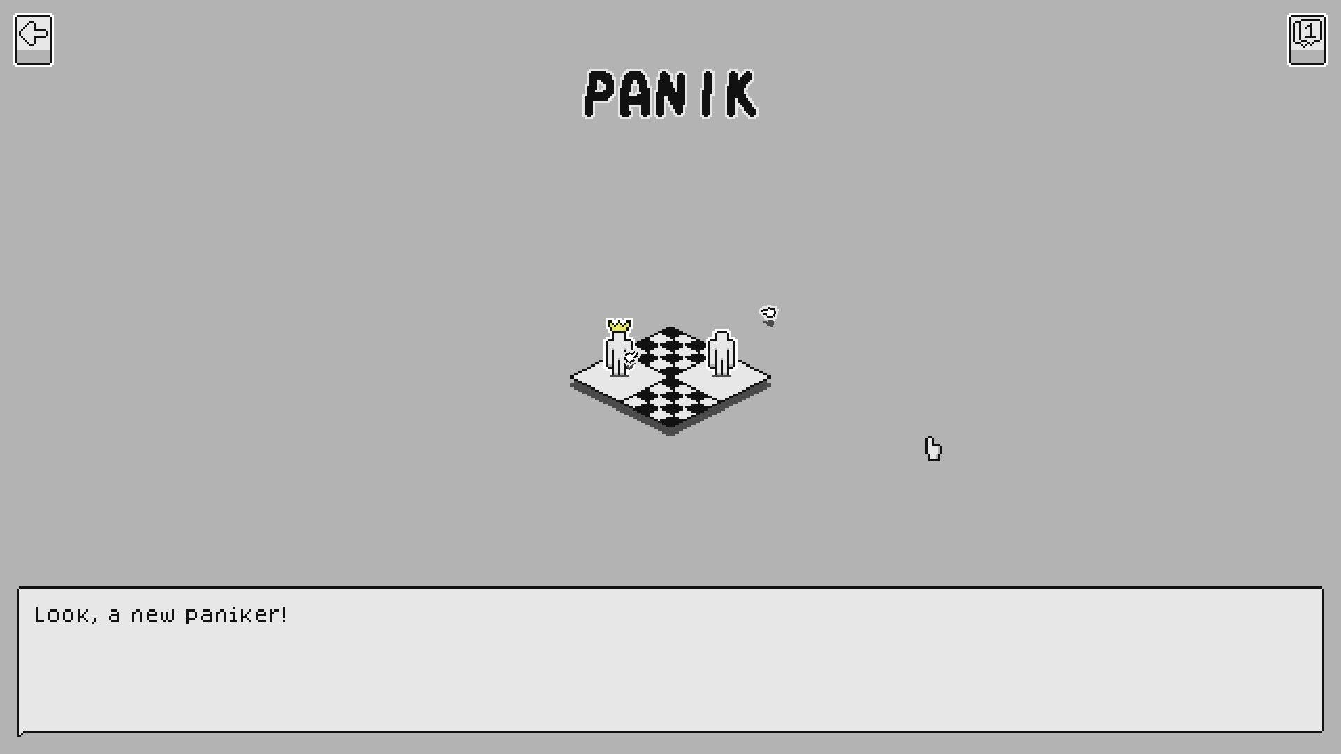 PANIK: Small character with crown on checkered board, surrounded by gray background and text bubble.