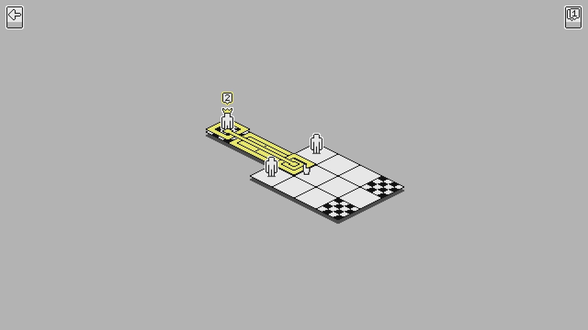 PANIK: Characters navigate a checkered puzzle board with pathways and a question mark symbol.