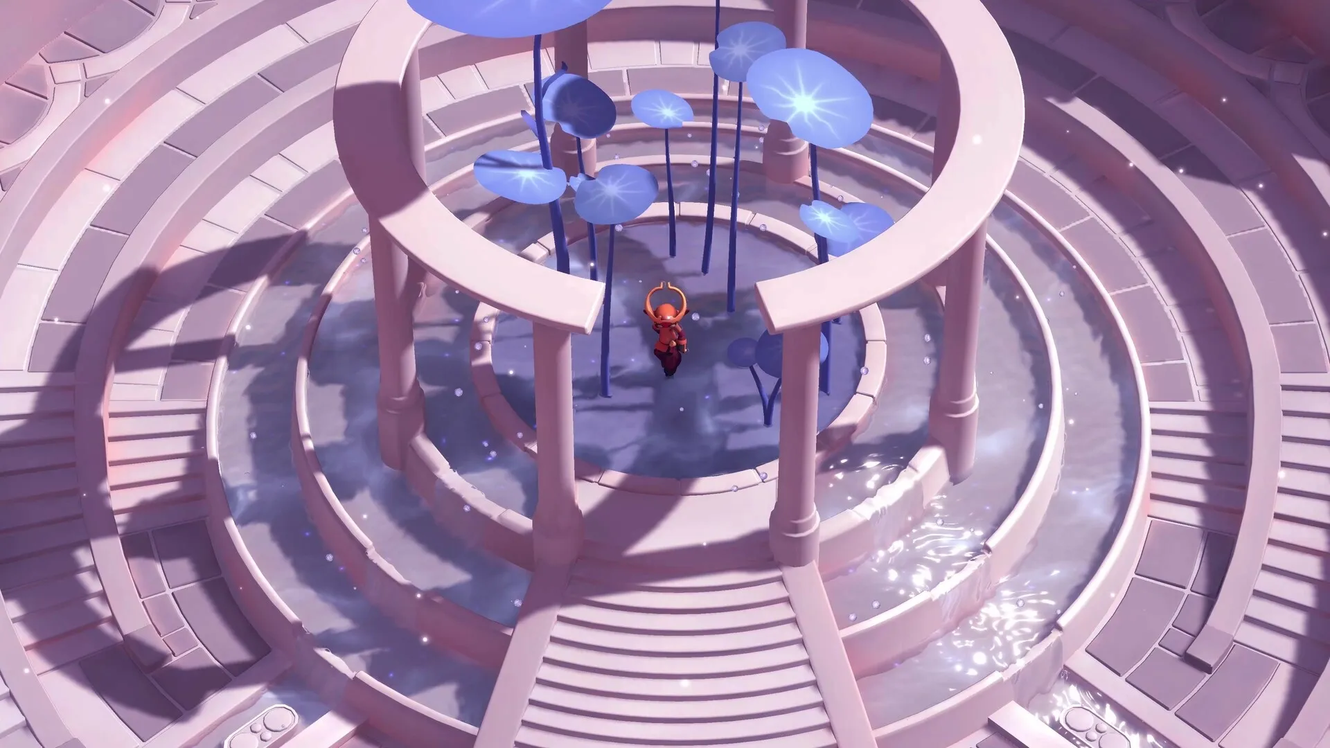 Panta Rhei: Phi explores a circular platform with blue plants in a serene, spiraling water-filled structure.