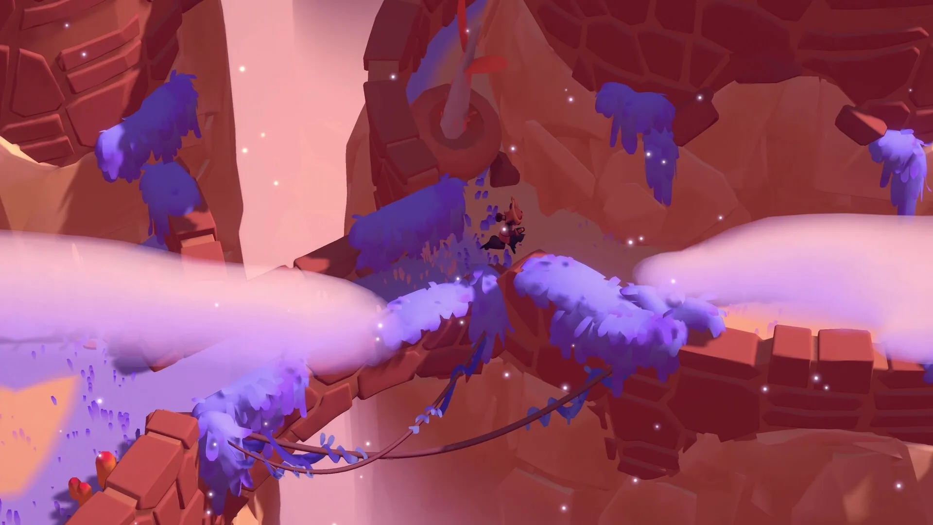 Panta Rhei: Phi crossing a mystical bridge surrounded by vibrant purple foliage in a canyon setting