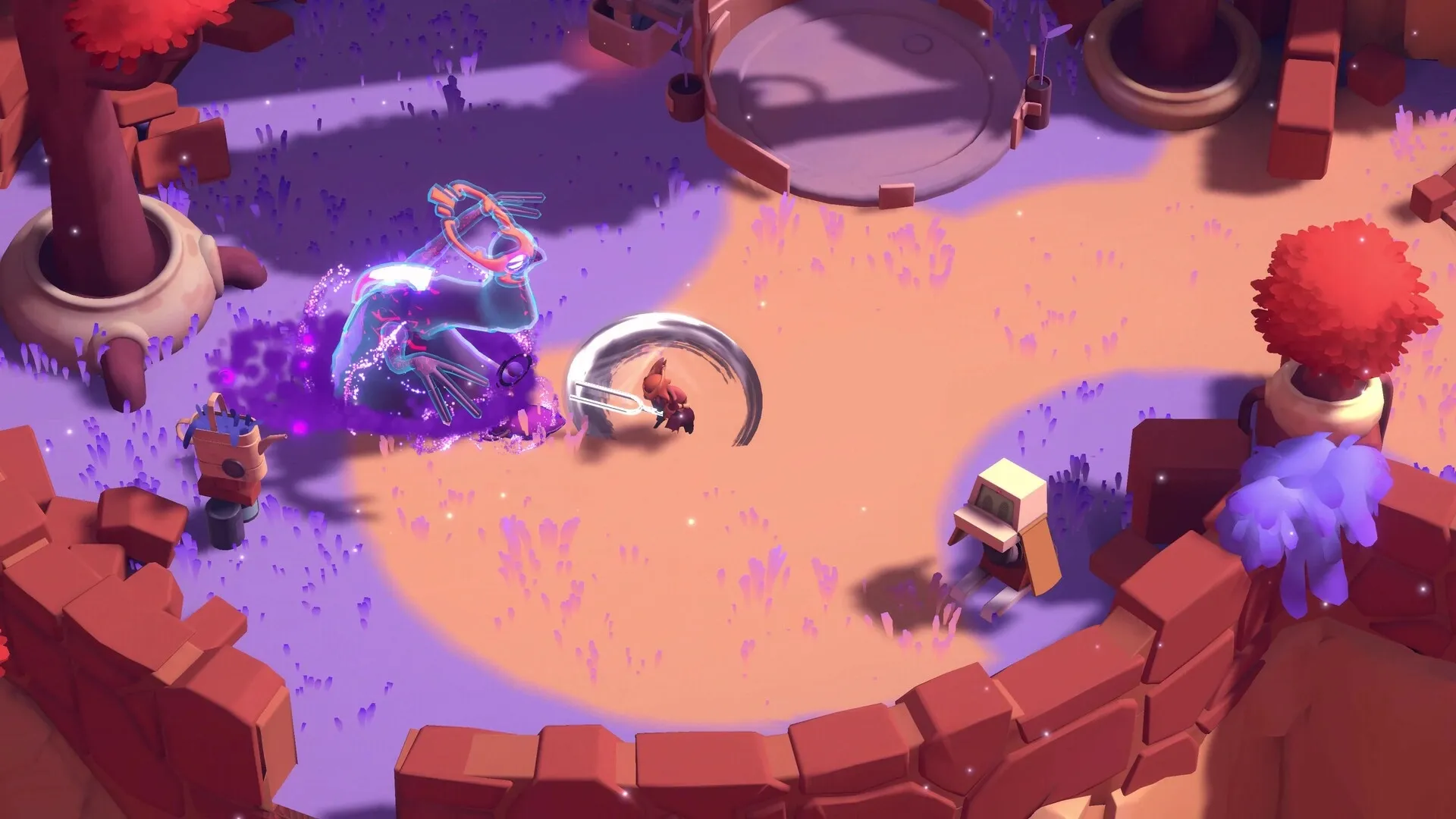 Panta Rhei: Phi engages in combat with a spectral creature in a colorful, enclosed arena.