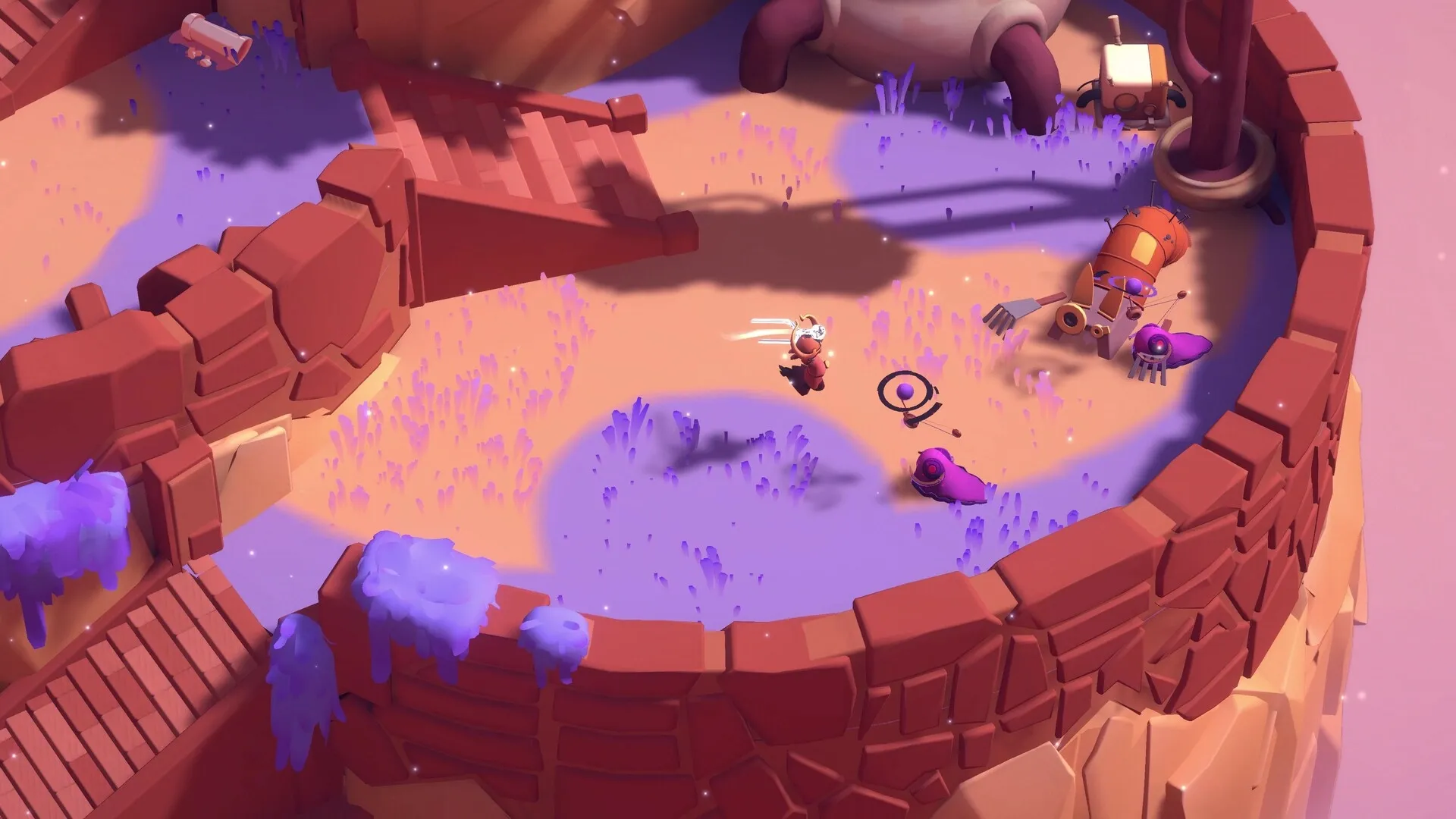 Panta Rhei: Phi battles robotic creatures in a walled arena with vibrant purple and orange terrain.