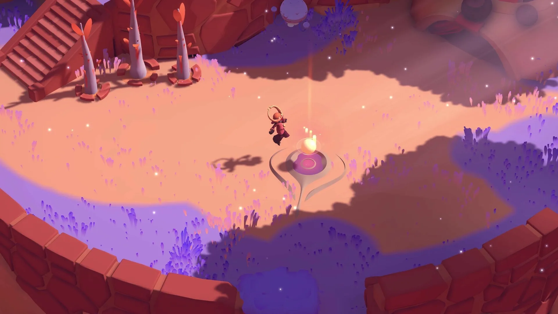 Panta Rhei: Phi exploring a mystical landscape with glowing orb and vibrant plants in a circular area.