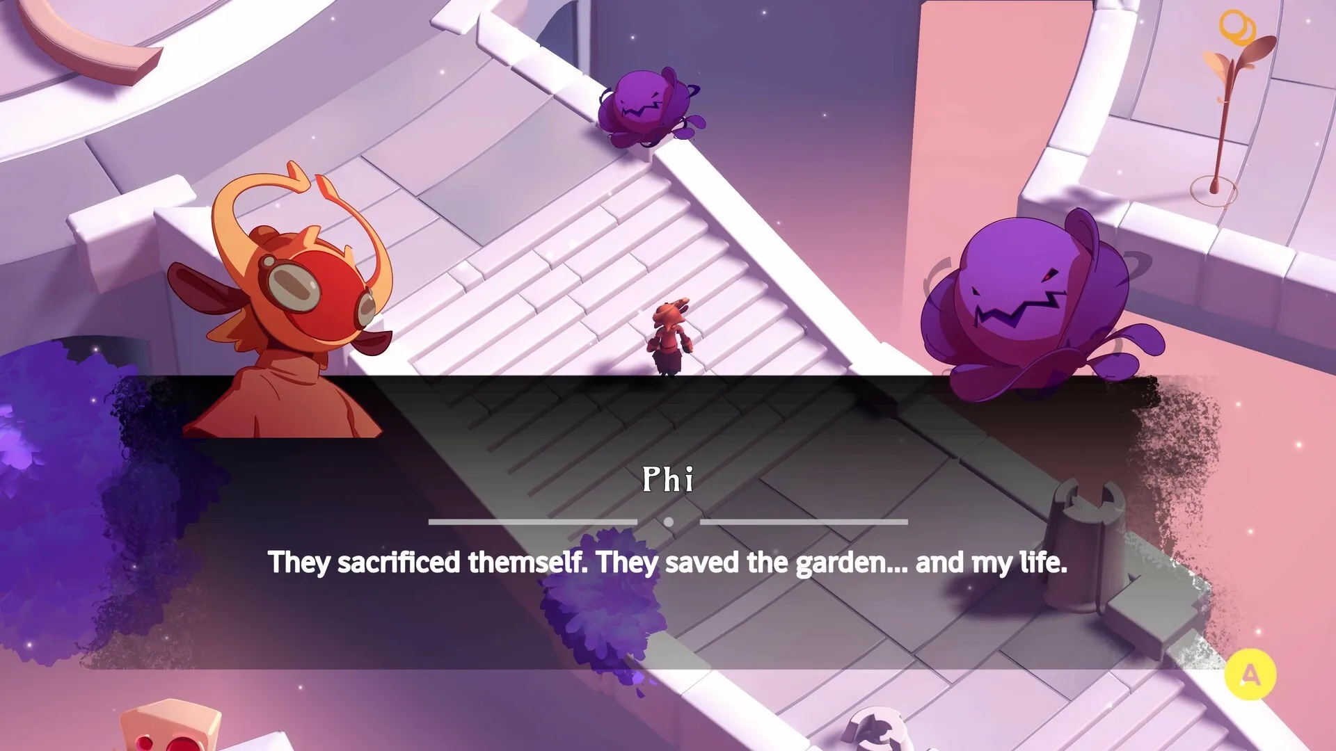 Panta Rhei: Phi on stairs with text dialogue, surrounded by purple creatures in a mystical garden setting.