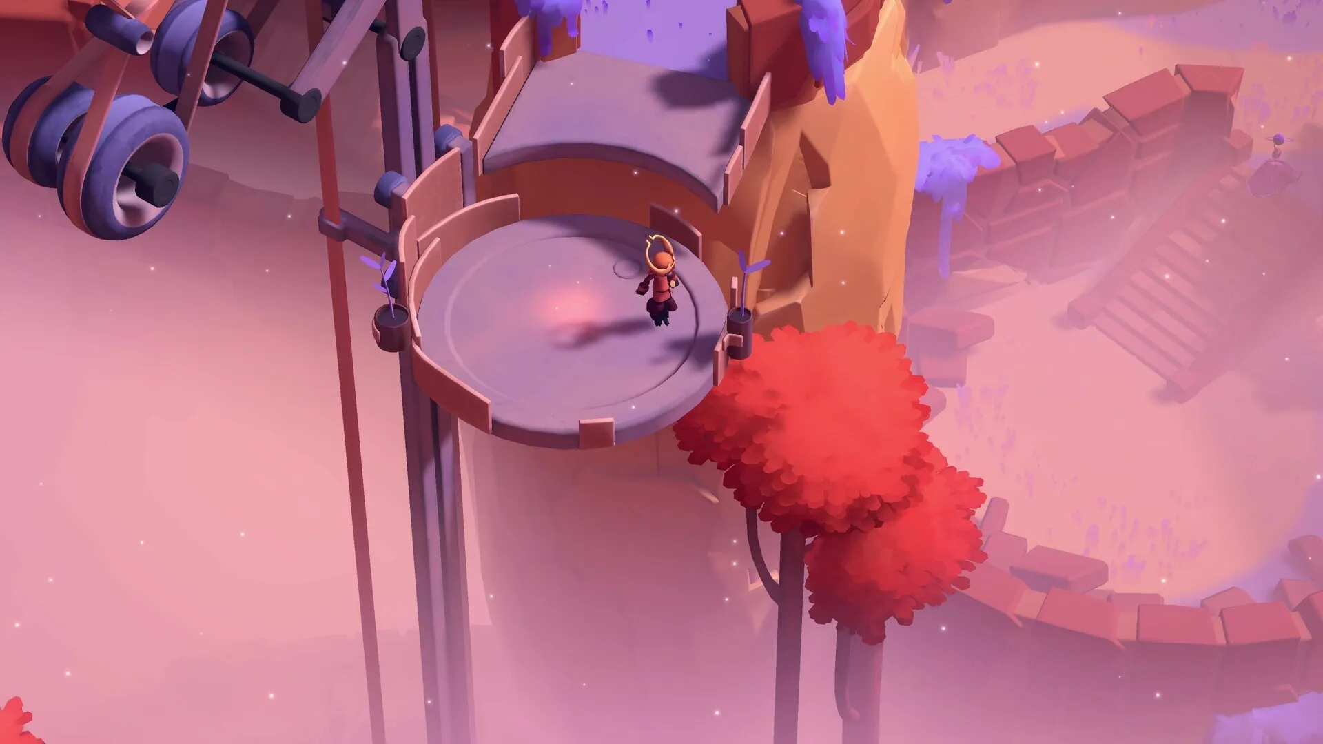 Panta Rhei: Phi stands on a circular platform overlooking a misty valley with red trees and ancient ruins.
