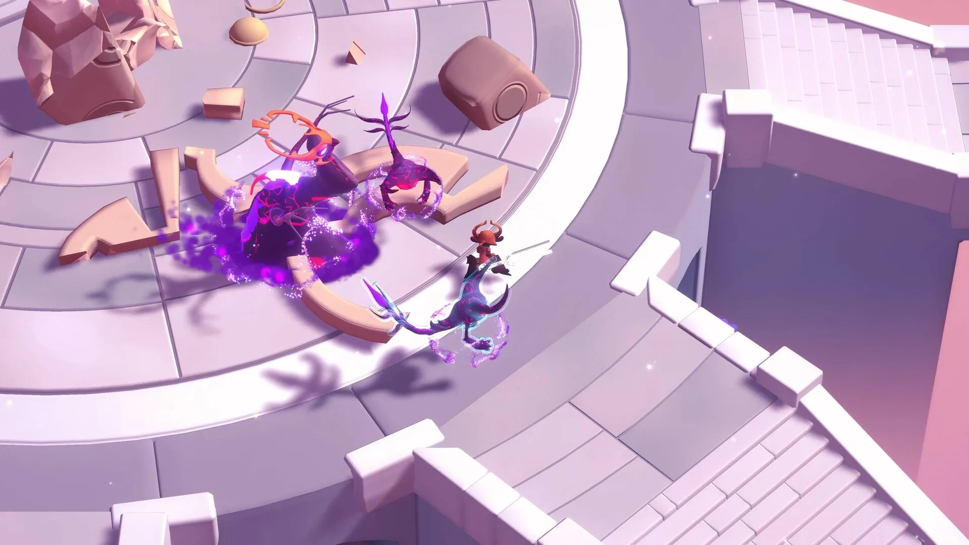 Panta Rhei: Phi battles shadow creatures on a spiral stone platform with scattered debris