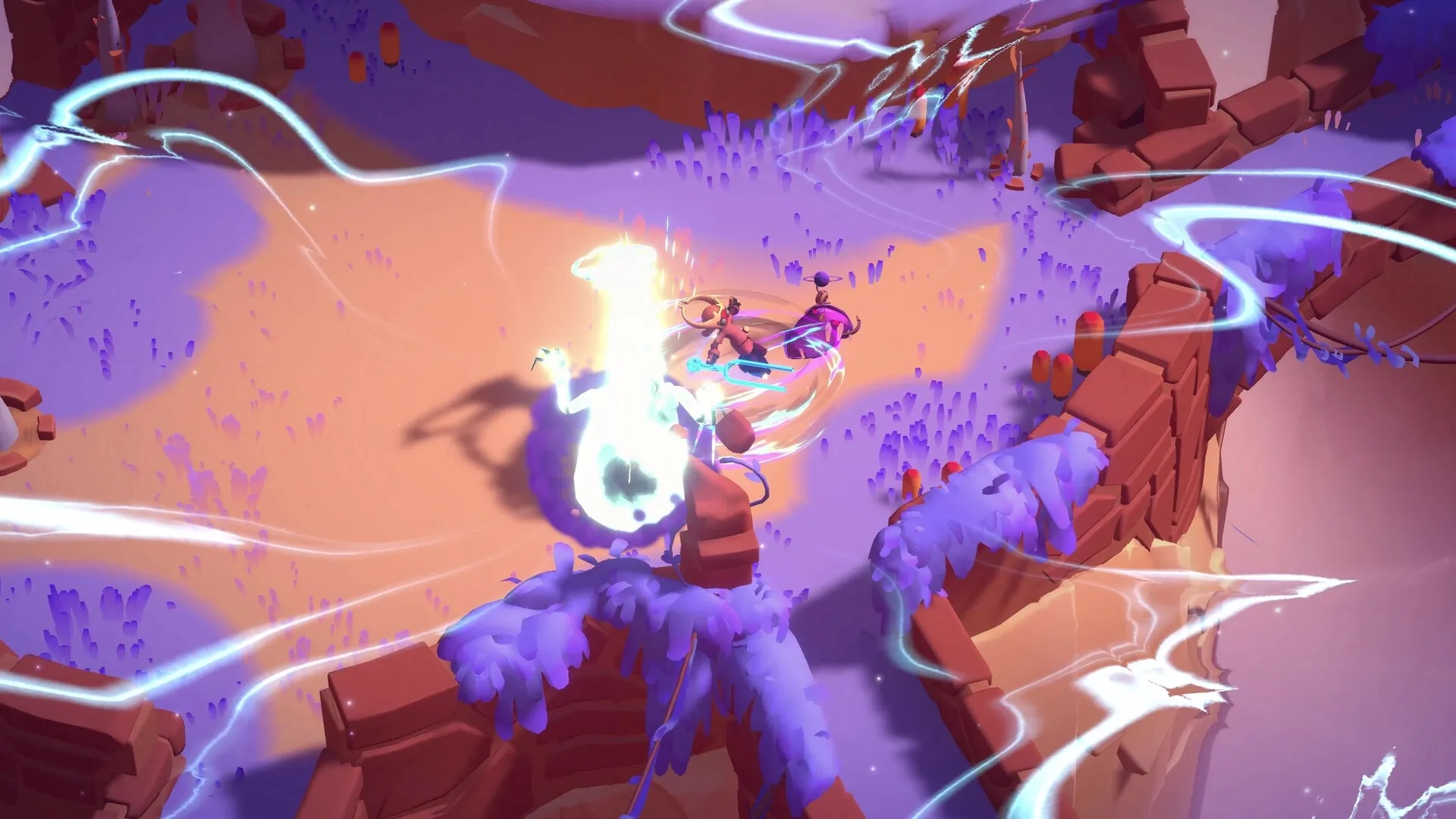 Panta Rhei: Phi battles glowing creature in vibrant canyon with swirling time energy effects