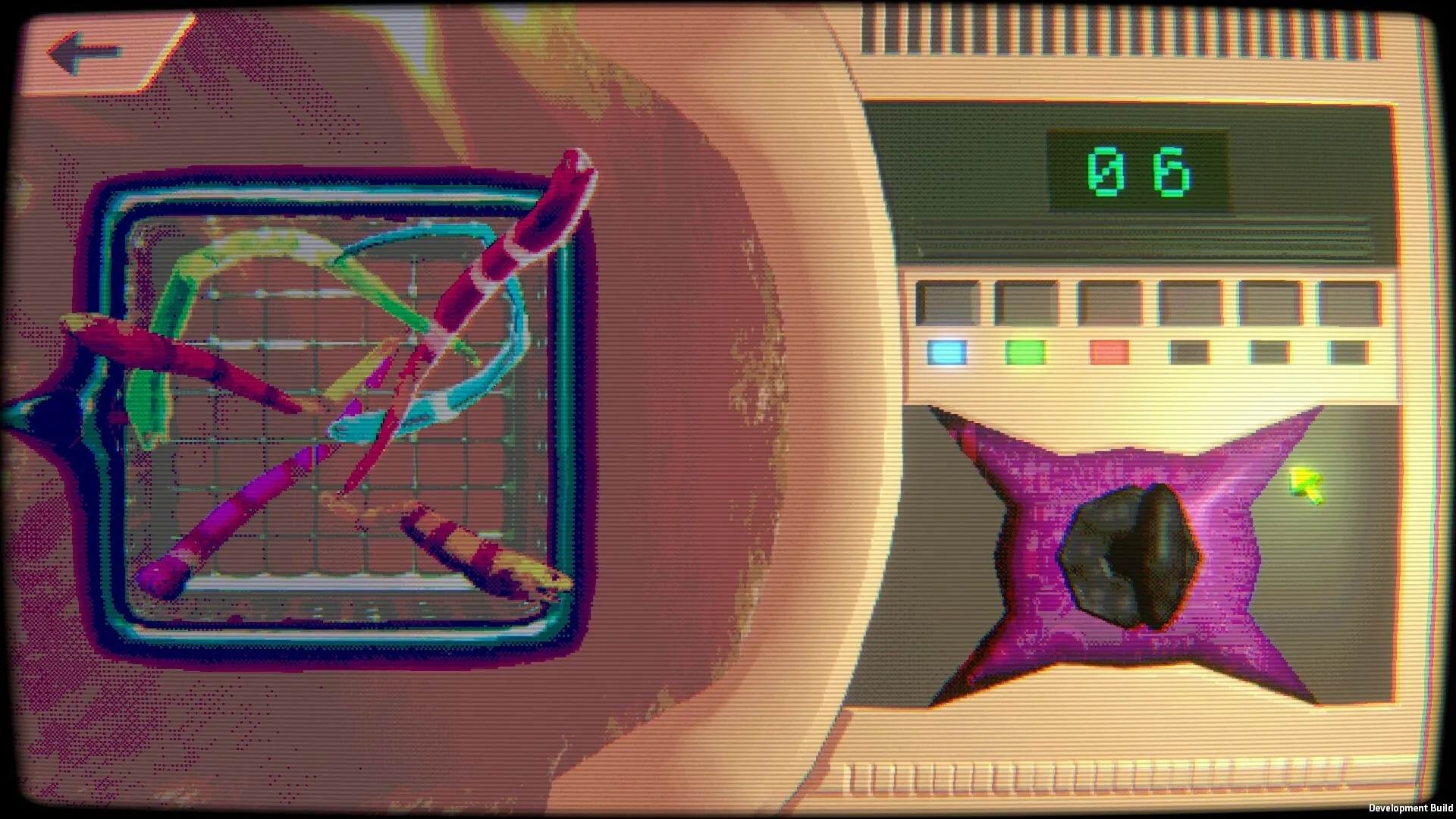 Panthalassa: Puzzle interface with colorful wires, digital display, and selection grid in alien setting