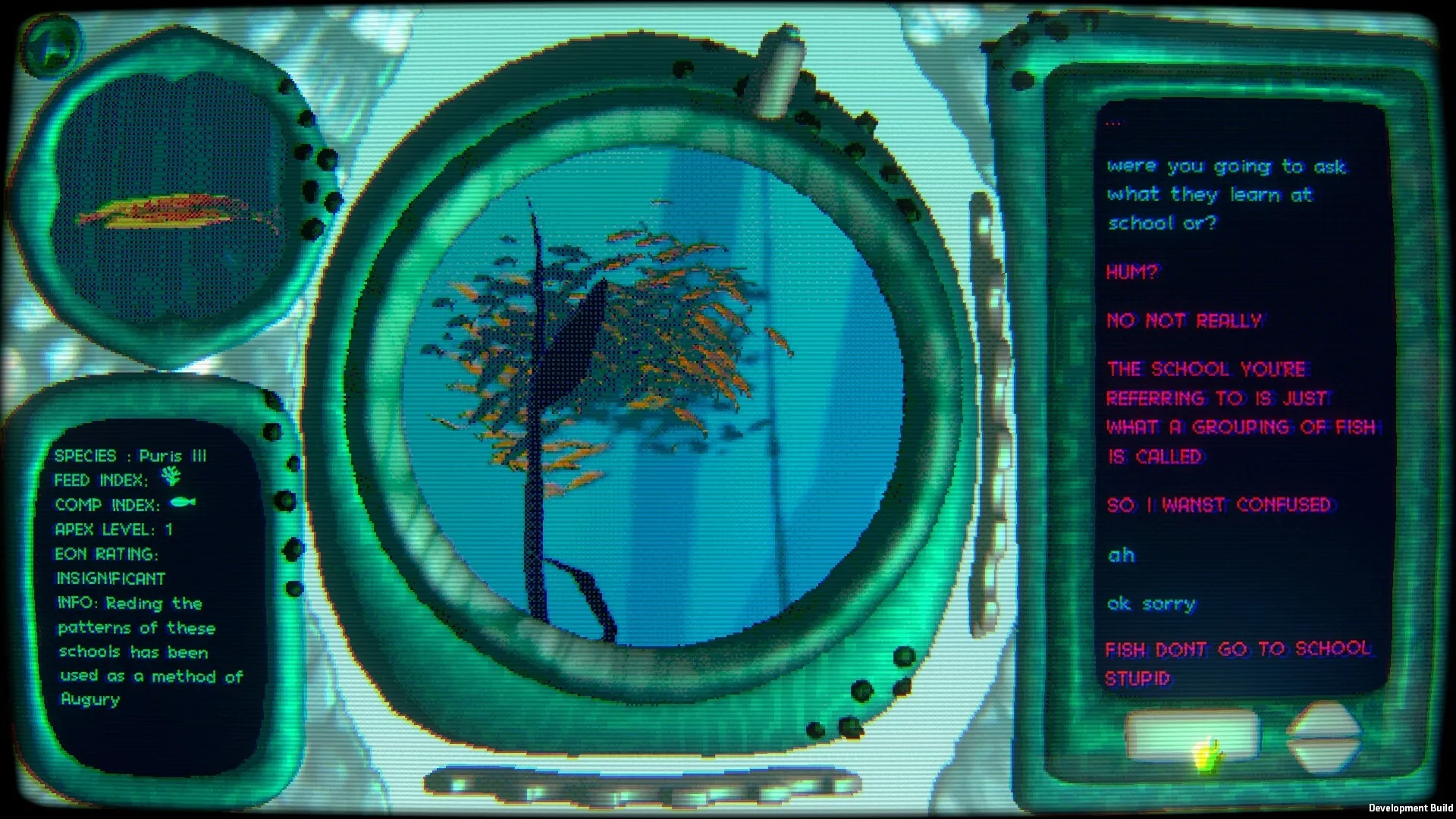 Panthalassa: Underwater interface showing fish species data and humorous dialogue in blue-green ocean setting