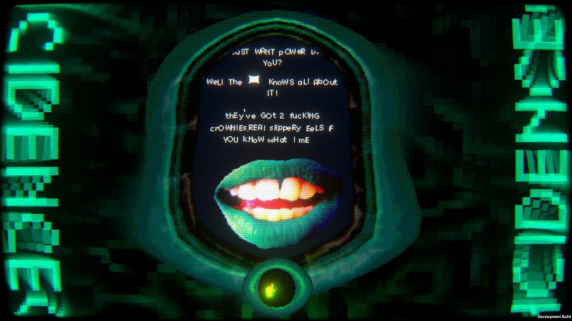 Panthalassa: Talking mouth with cryptic text in a digital interface within an alien underwater environment