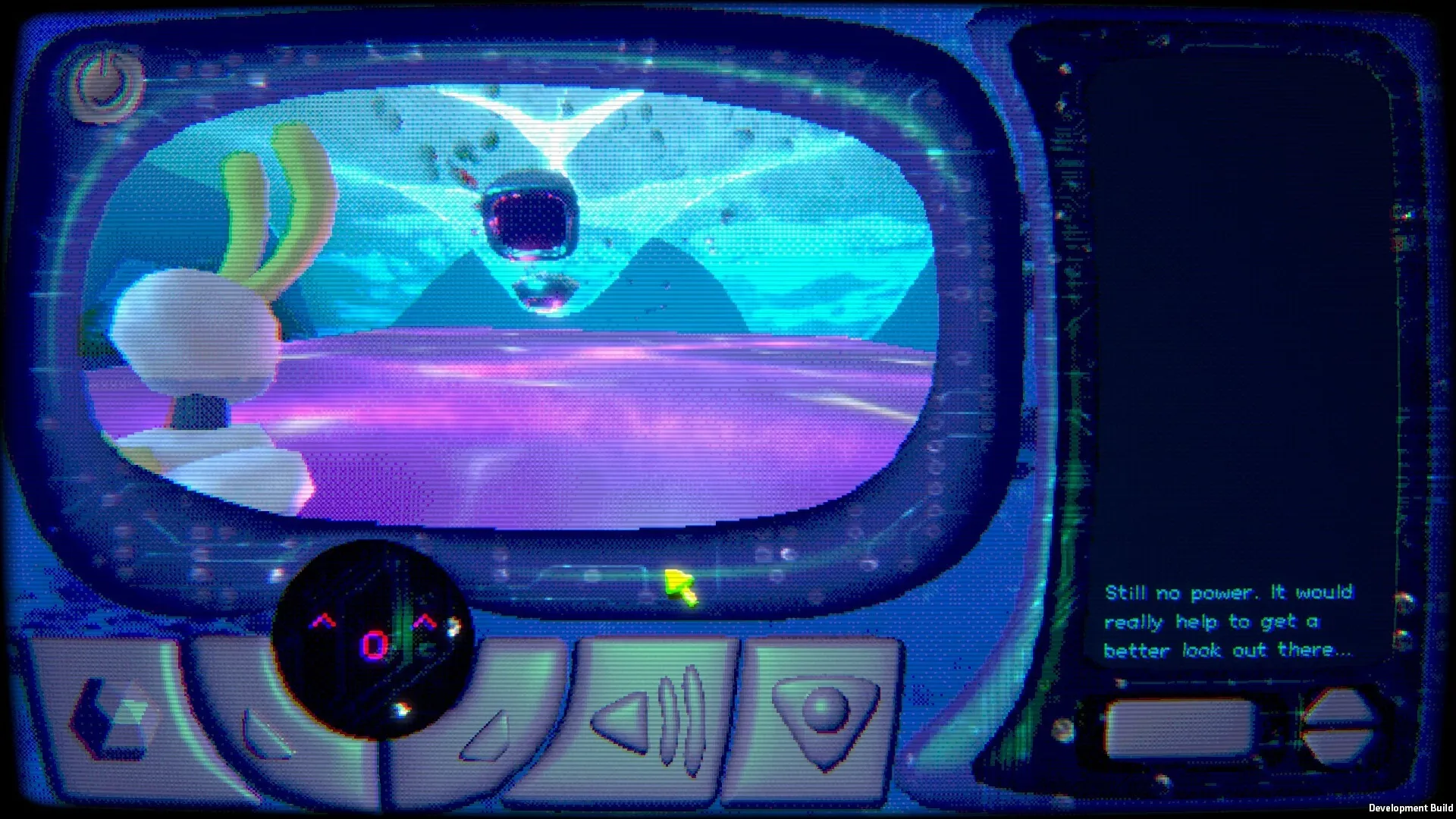 Panthalassa: Robot observes alien landscape through monitor interface in underwater environment