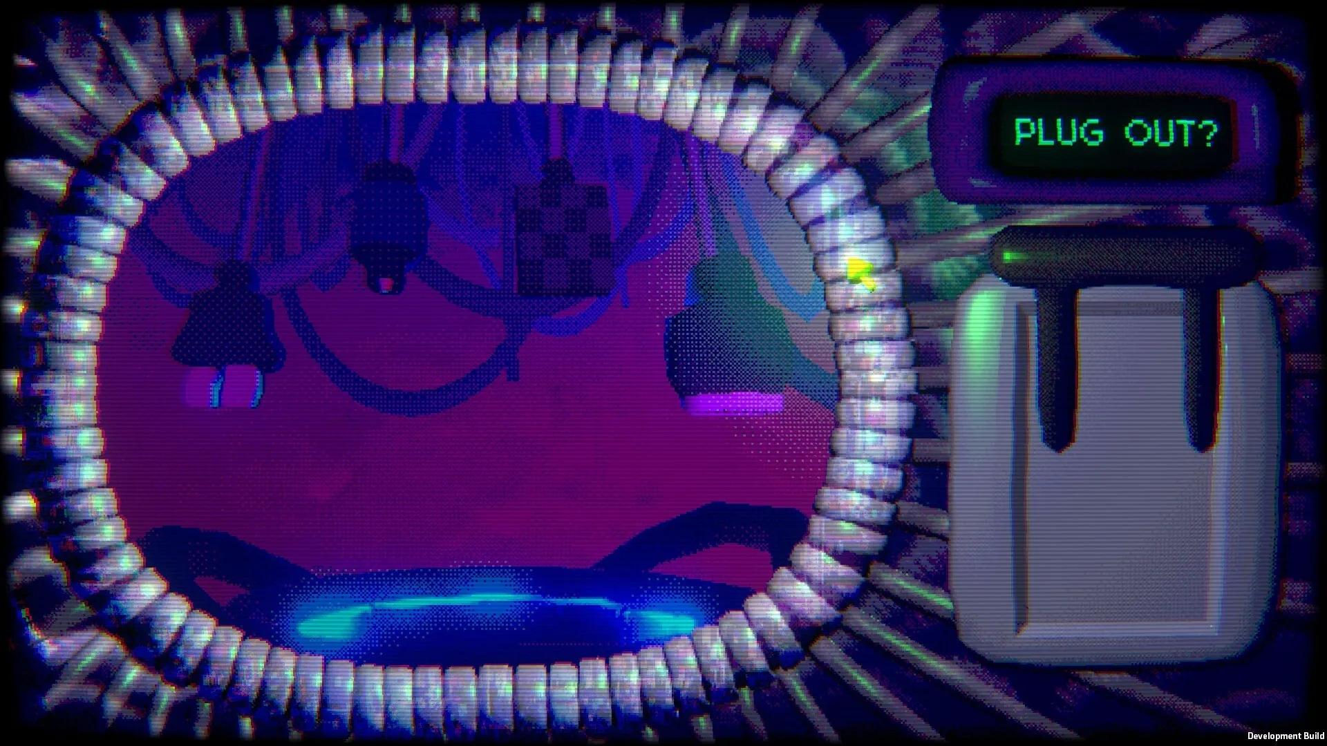 Panthalassa: Interface showing plug with "PLUG OUT?" prompt in a glowing underwater environment