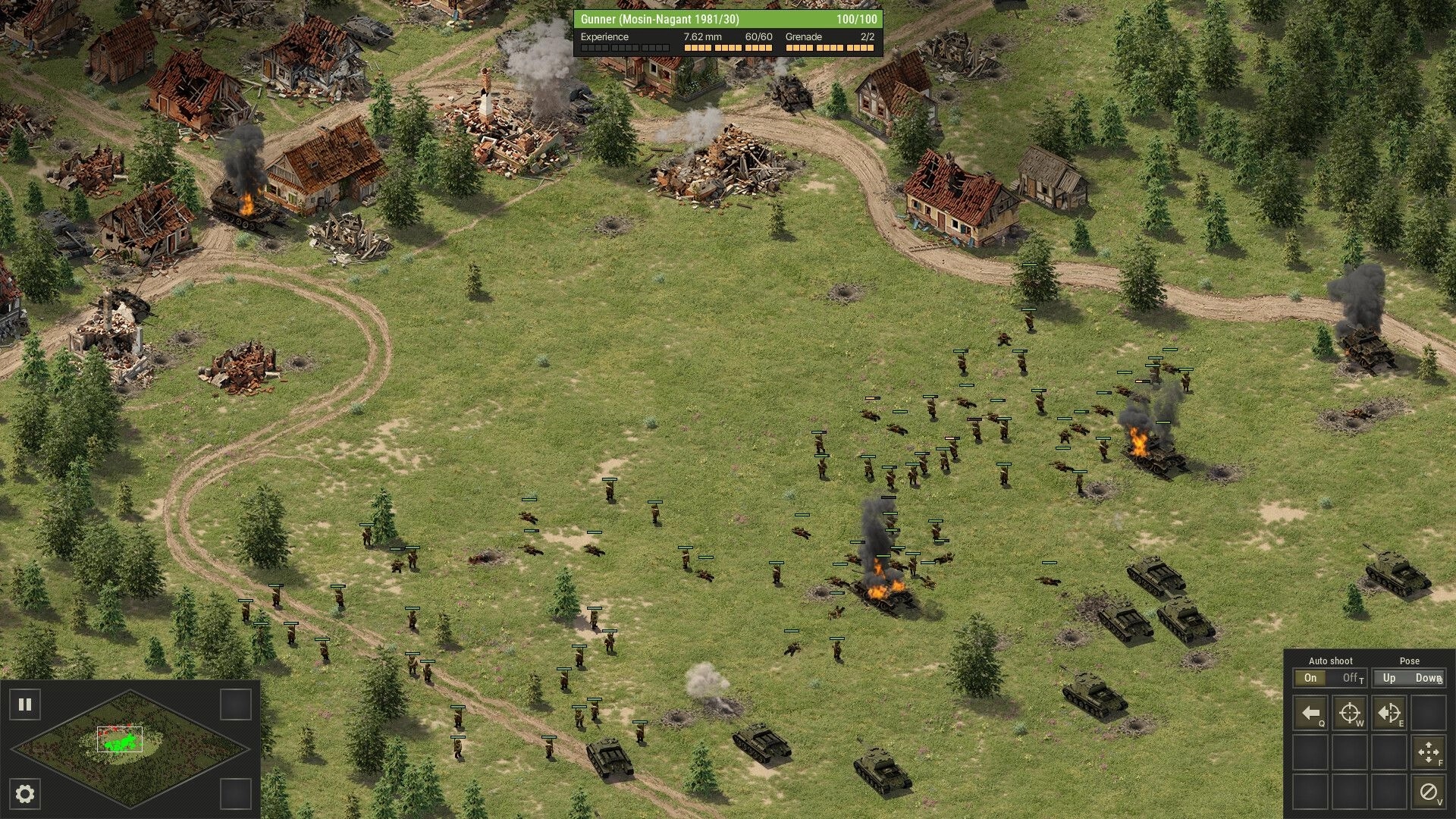 Panzer Strike: Tanks and infantry engage in battle on a grassy field with smoke and fire visible