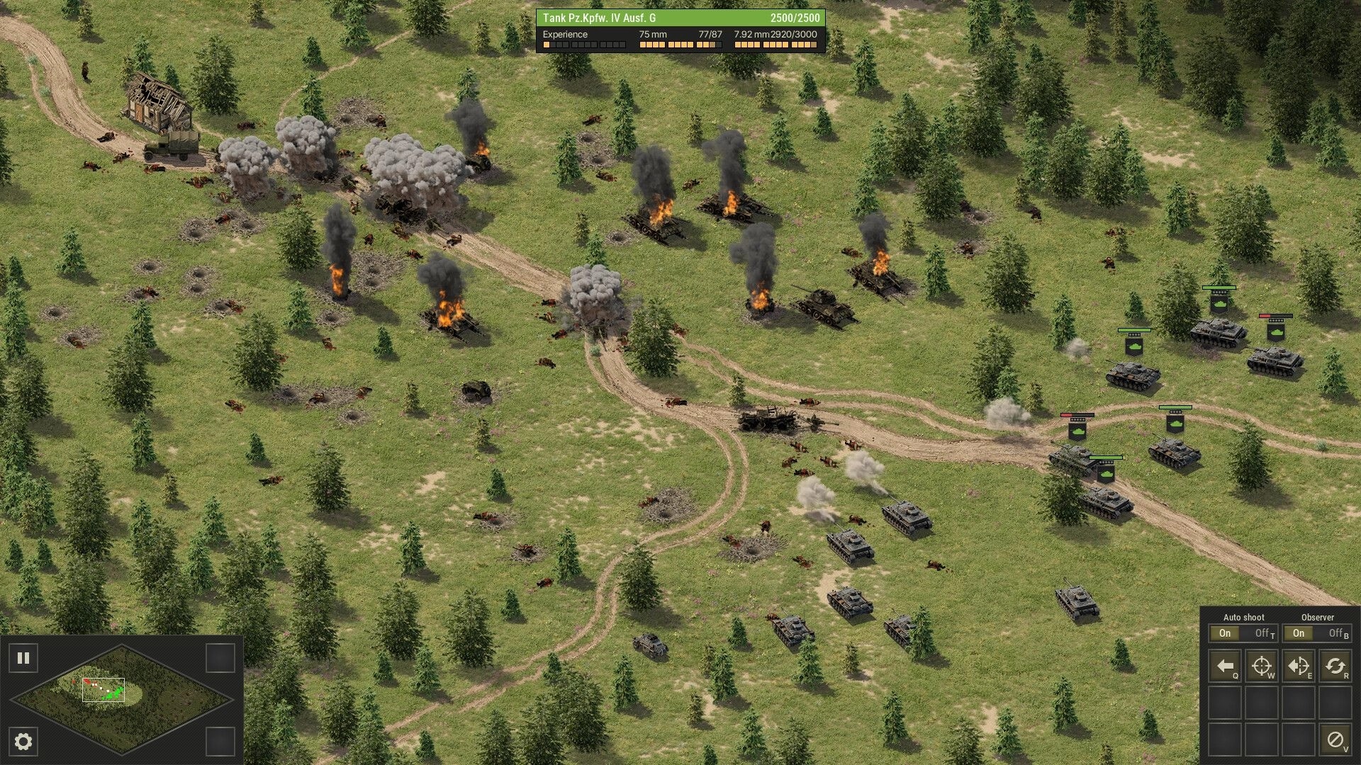 Panzer Strike: Tanks advancing through forested battlefield with burning wreckage and unit controls visible