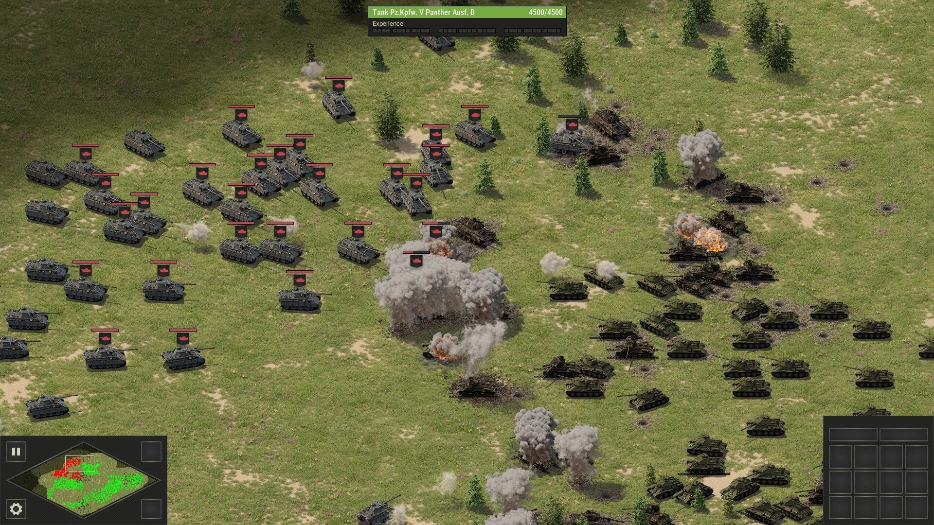 Panzer Strike: Tank battle with explosions in a grassy field, minimap and unit stats displayed