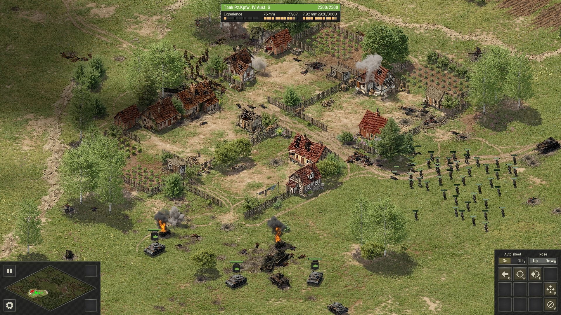 Panzer Strike: Tanks advance on a burning village with infantry and detailed UI in lush countryside setting.