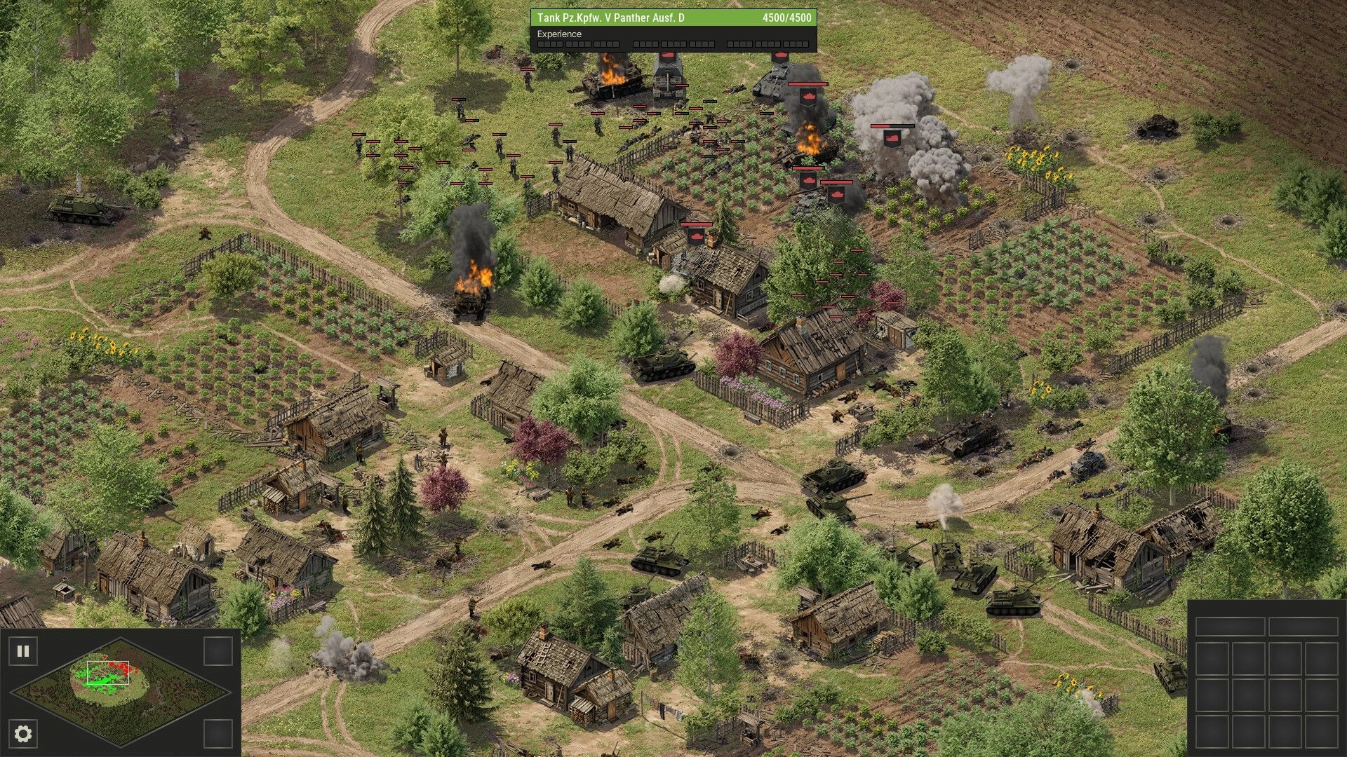 Panzer Strike: Tanks advance through a rural village with UI health bars and minimap in bottom corner.