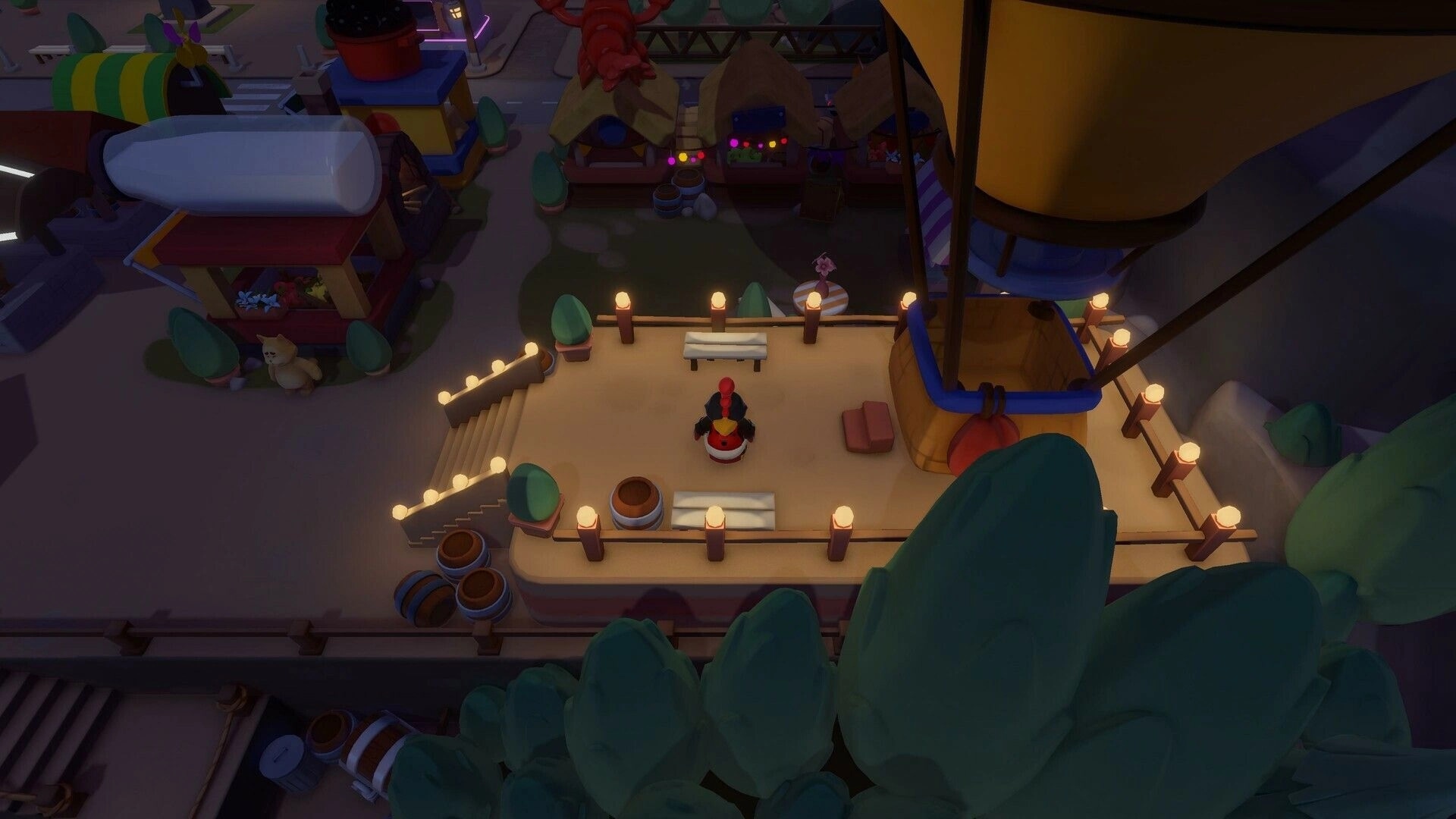 Pao Pao: Character on rooftop with lit lanterns and colorful market stalls in background