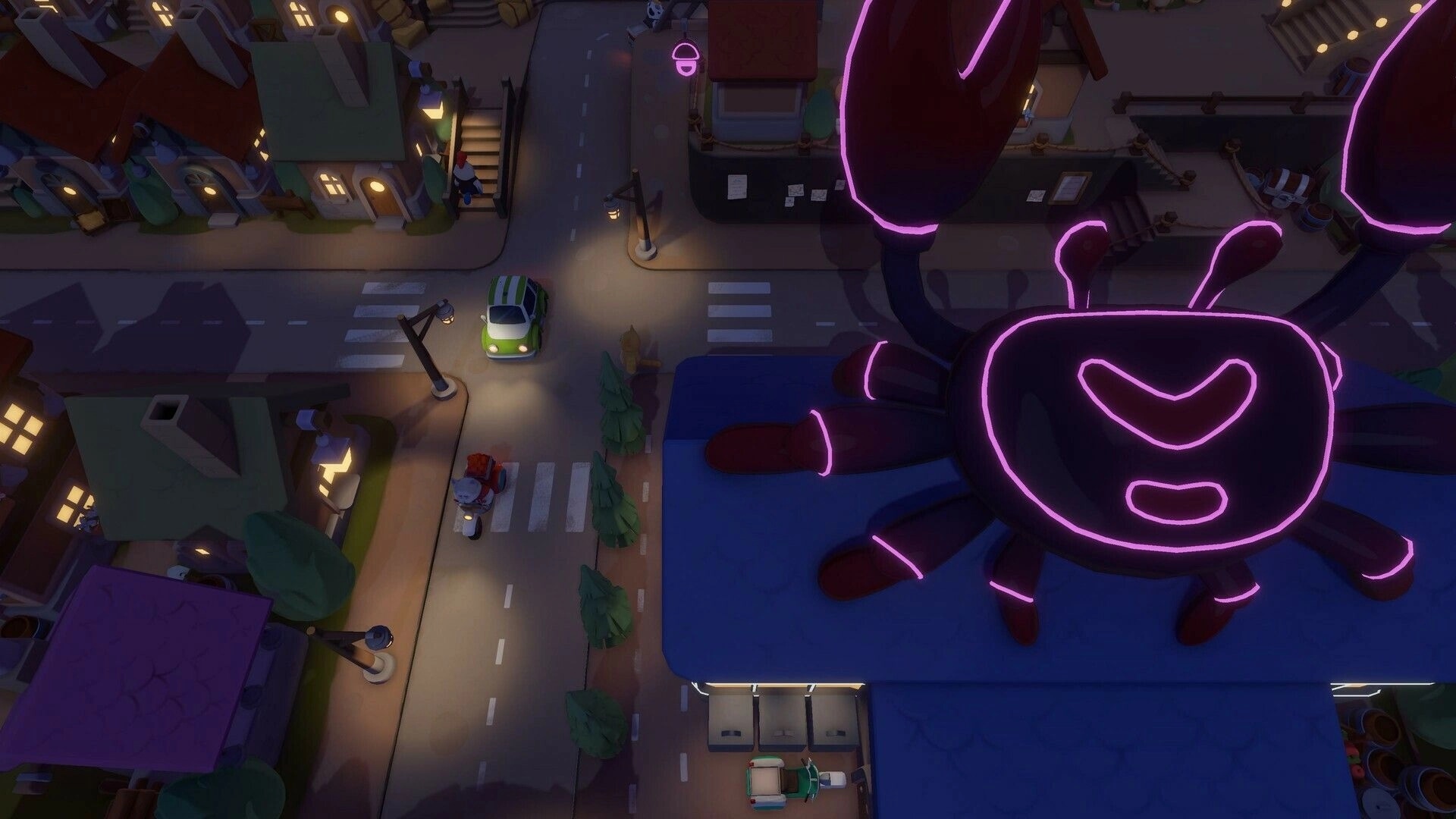 Pao Pao: Overhead view of a nighttime street with glowing crab sign and cars, featuring cozy houses.