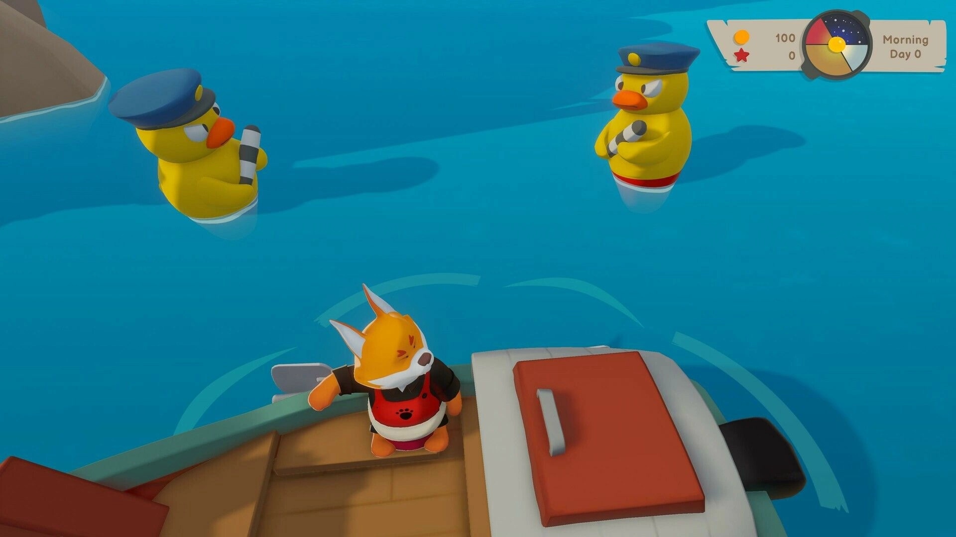 Pao Pao: Fox character on a boat interacts with two duck-like creatures in sailor hats on water