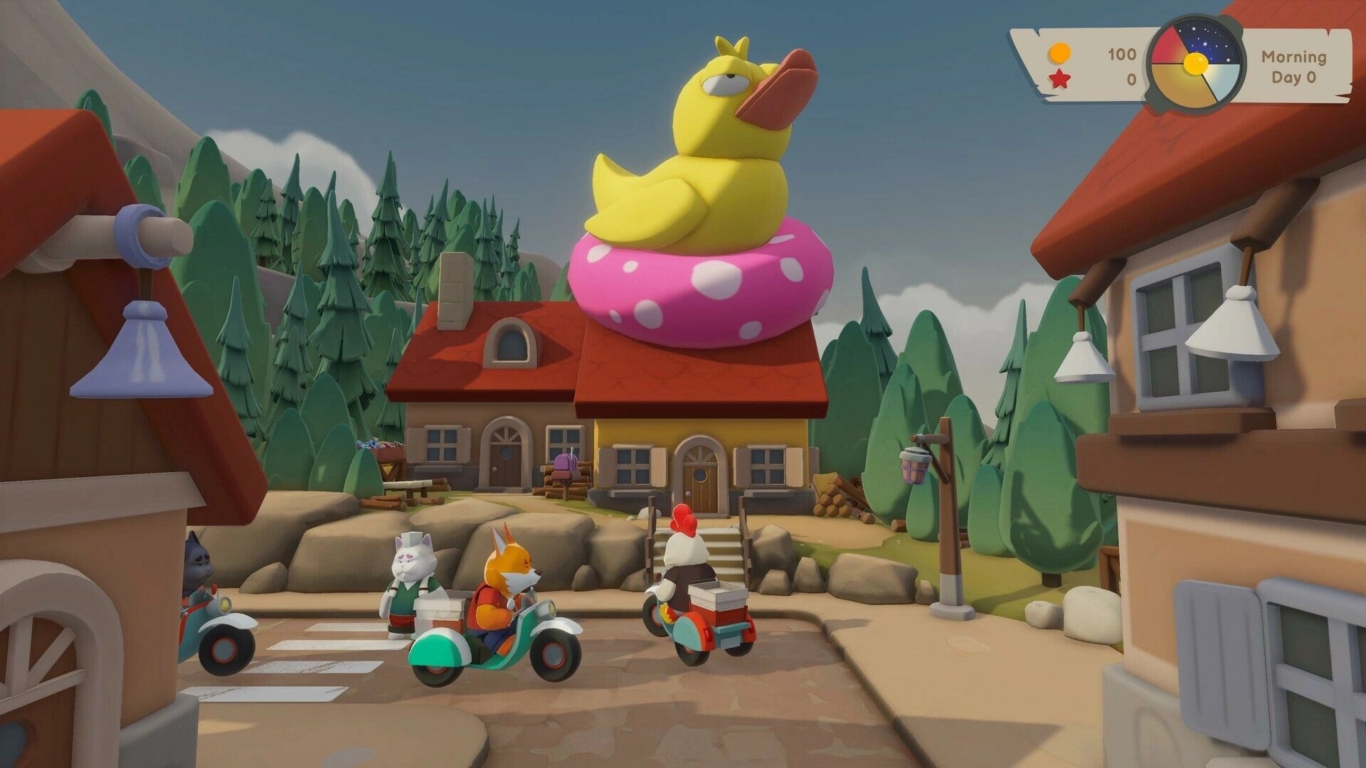 Pao Pao: Characters on scooters in a village square under a giant duck float in the morning.