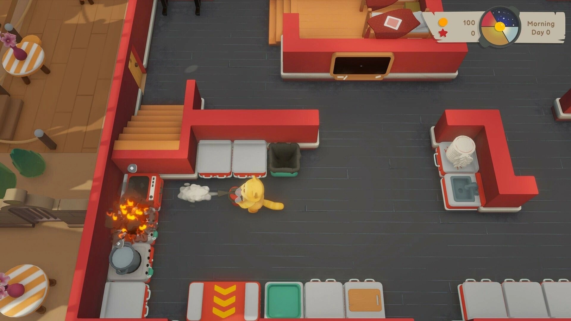 Pao Pao: Cat character extinguishing a kitchen fire in a red-themed restaurant during morning gameplay.