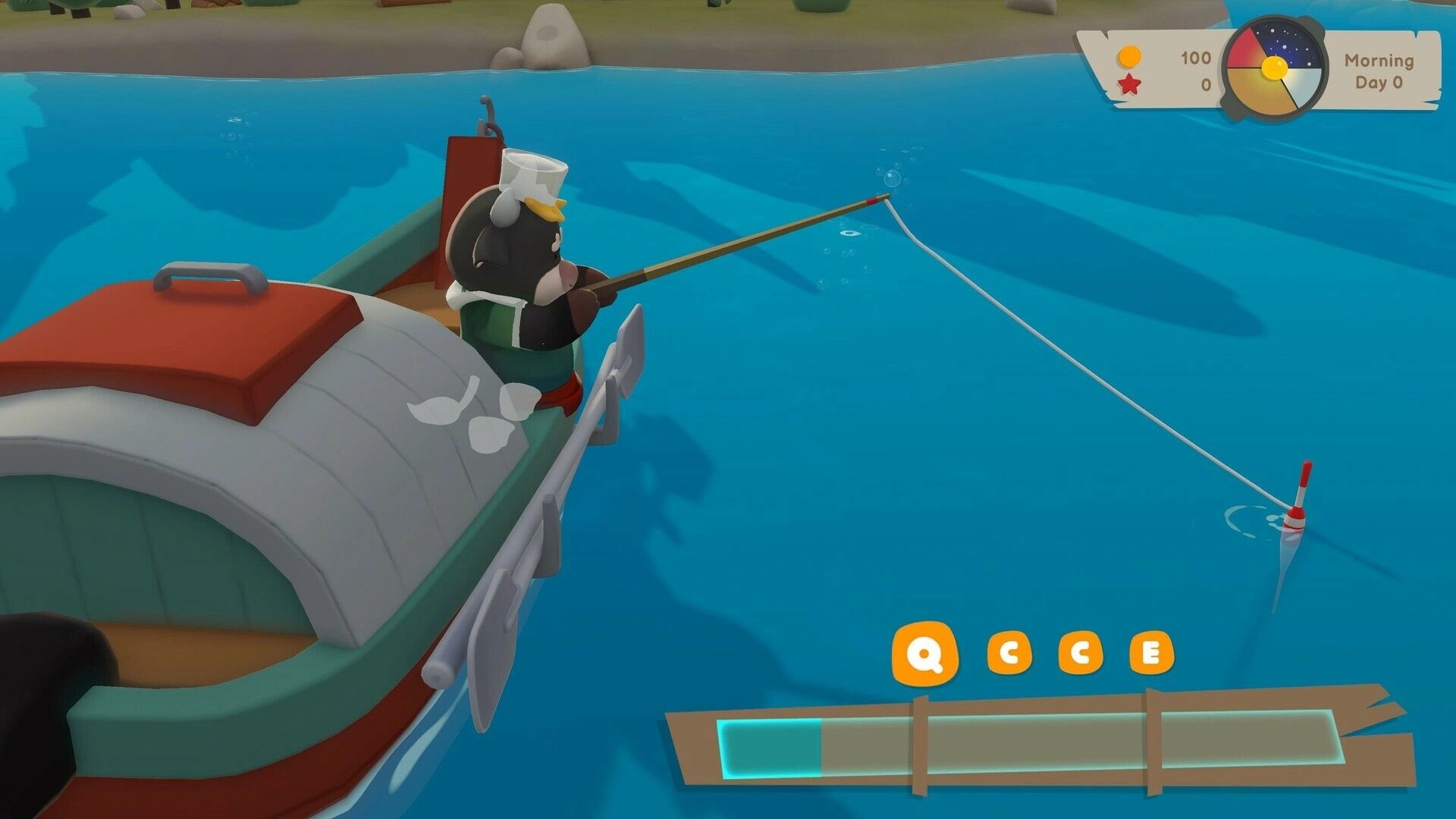 Pao Pao: Character fishing from a boat with UI showing controls and day cycle in a tranquil lake setting.