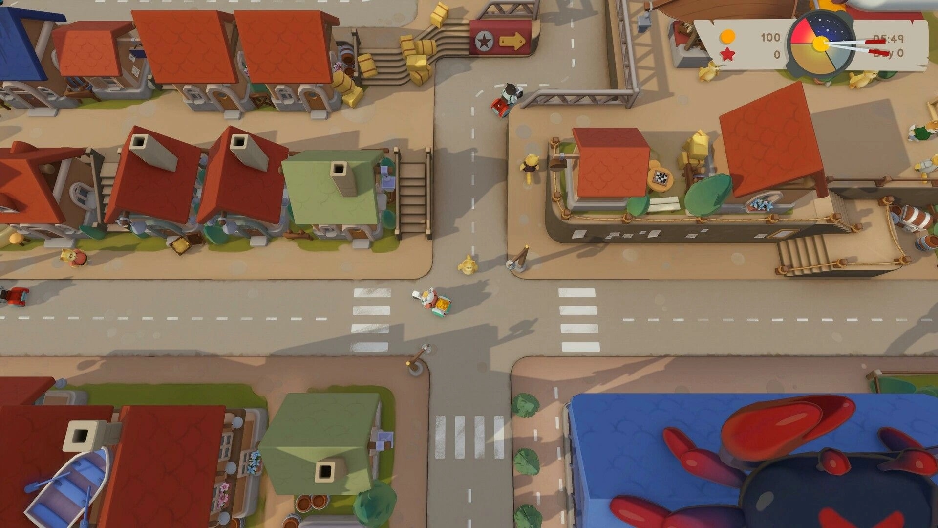 Pao Pao: Overhead street view with characters navigating a colorful village, UI showing time and score.