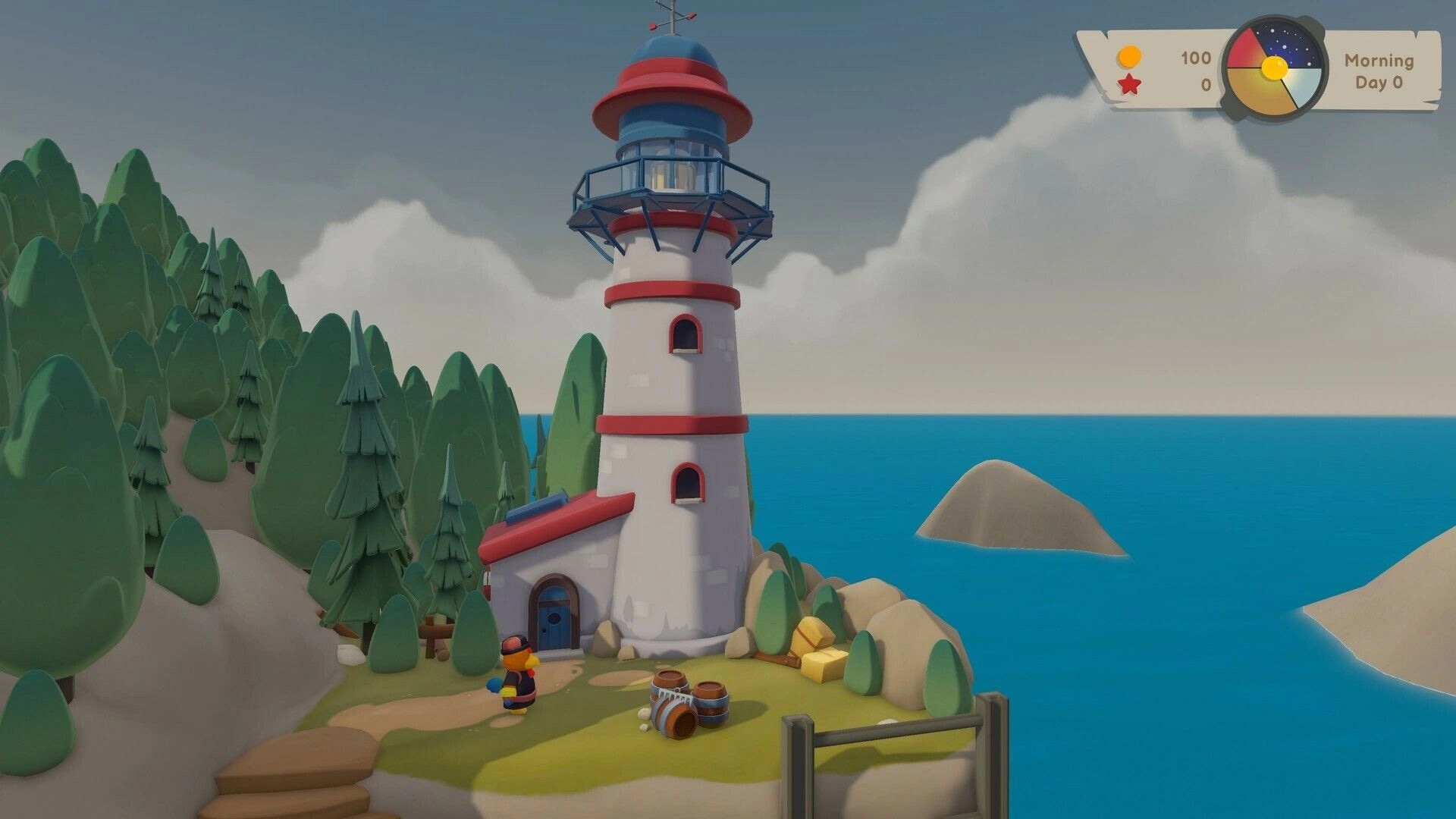 Pao Pao: Character near lighthouse and ocean, inventory barrels, day UI with coins and time display