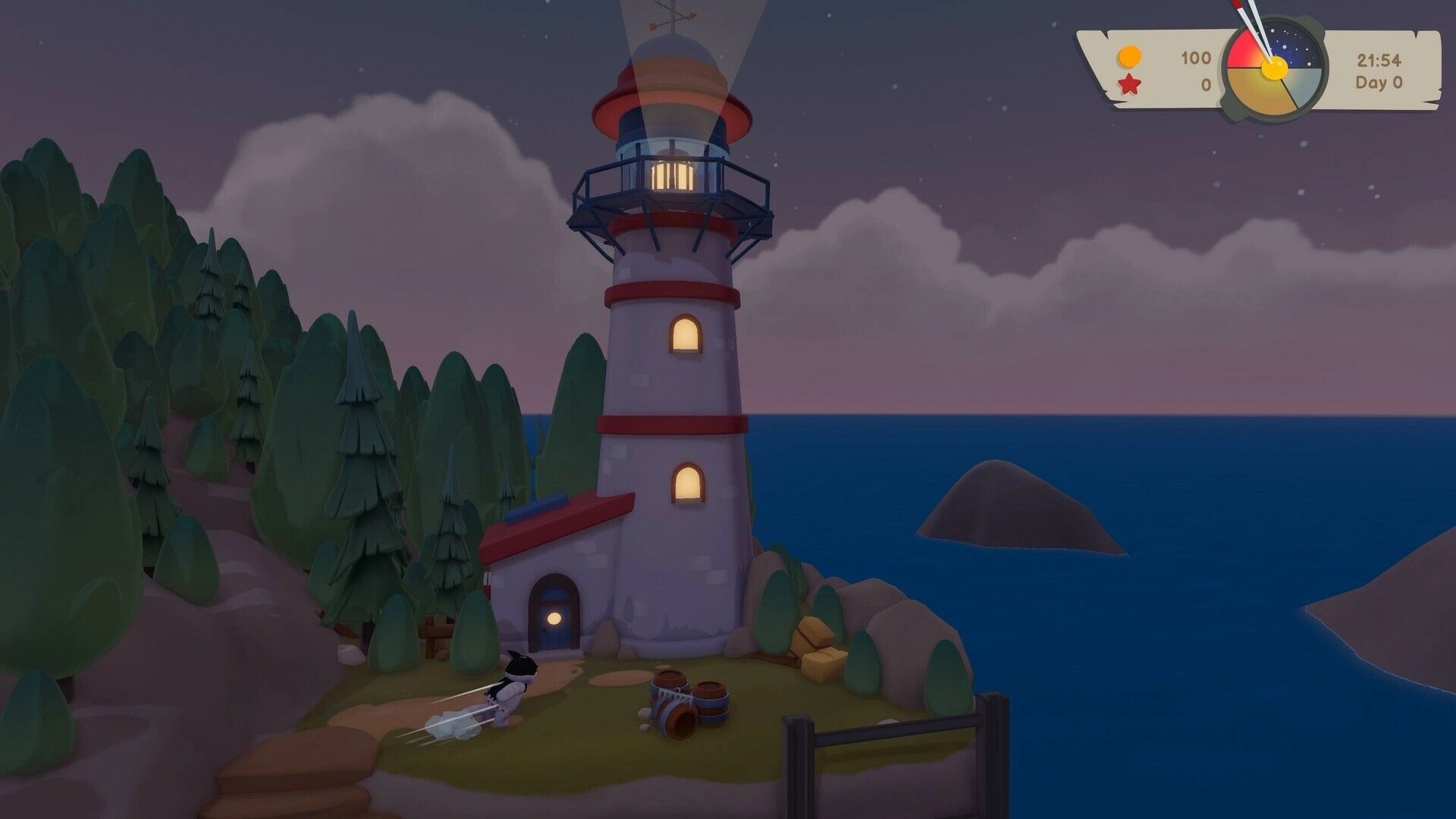 Pao Pao: Character running near a lighthouse at night with UI showing coins, time, and day progress