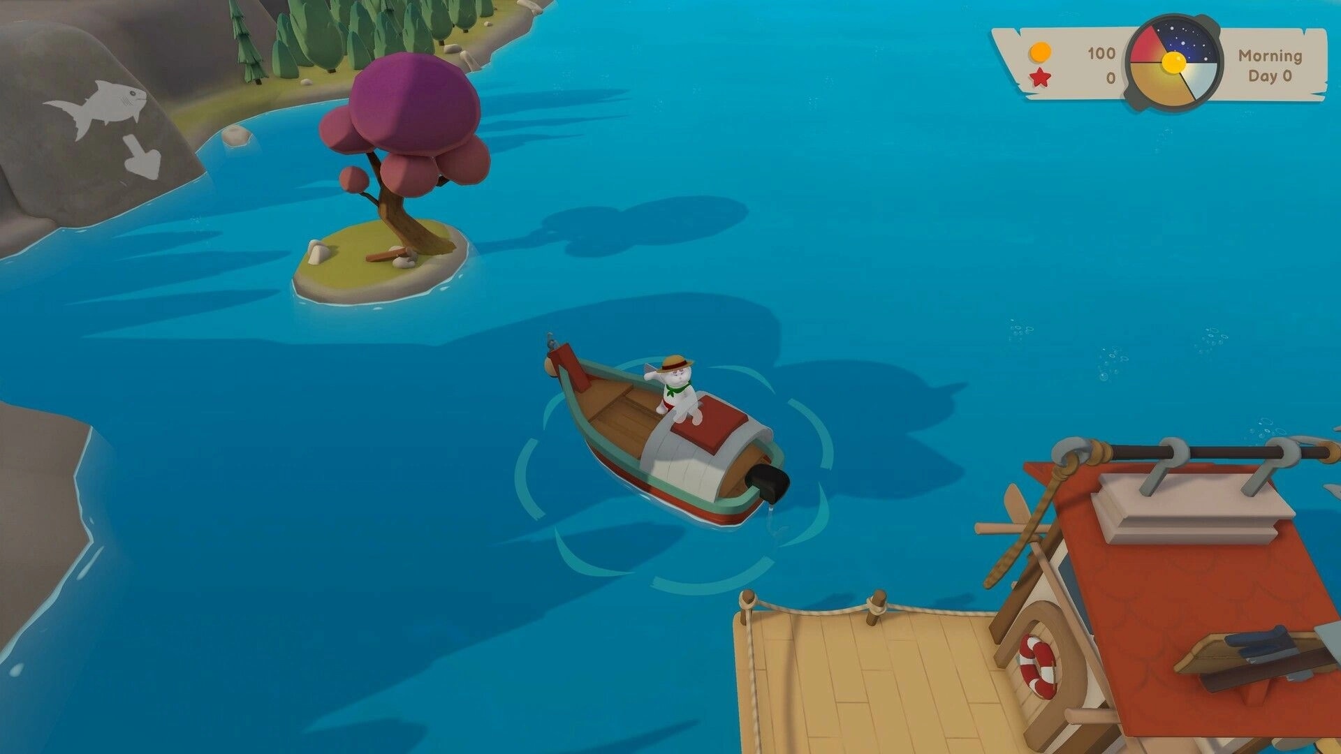 Pao Pao: Character fishing from a boat in a vibrant lake setting with UI elements showing currency and time