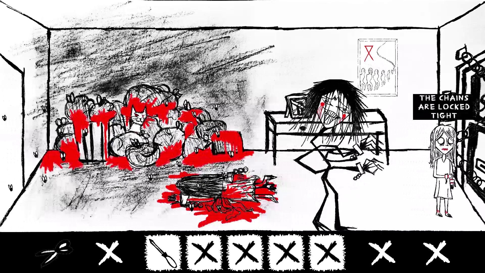 Paper Bleed: Character confronts chained figure in gruesome room with bloody floor, inventory below.