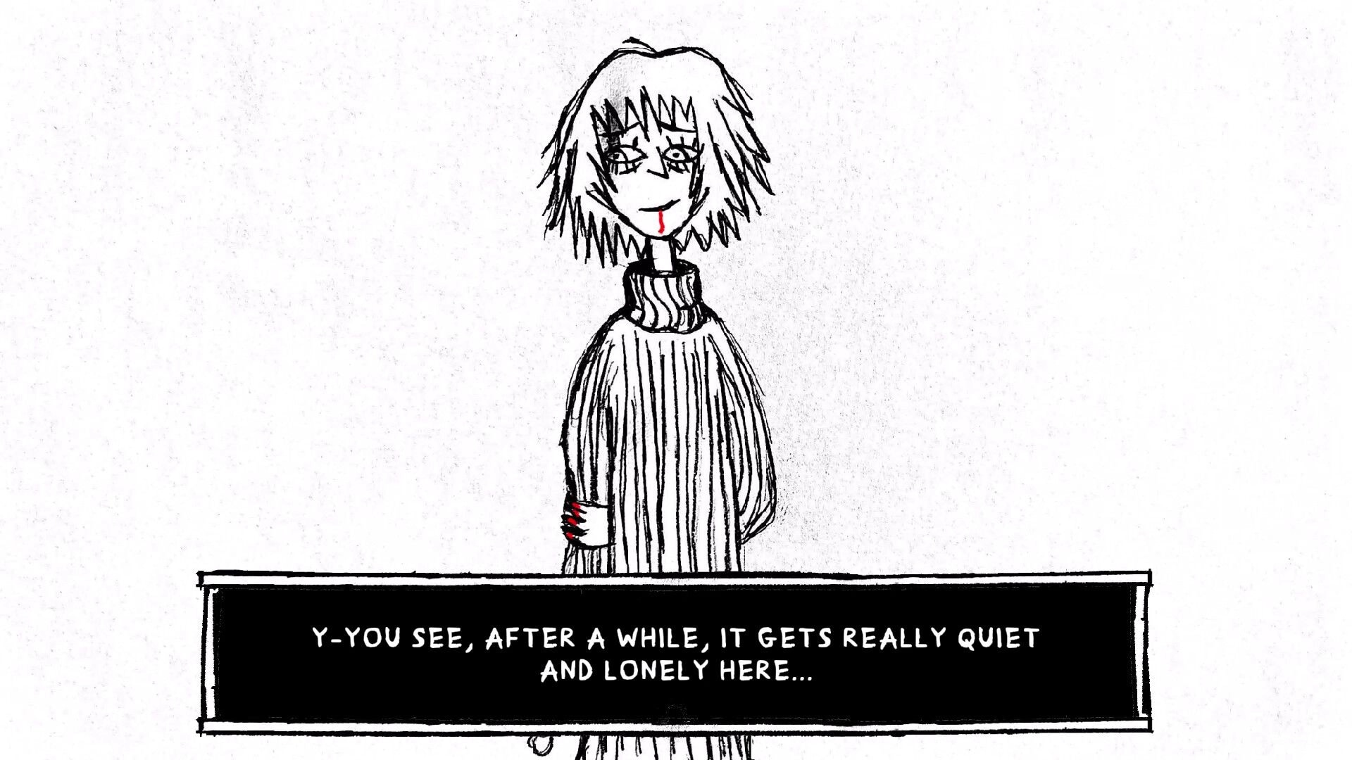 Paper Bleed: Character with bleeding mouth and text box dialogue in a stark white background environment