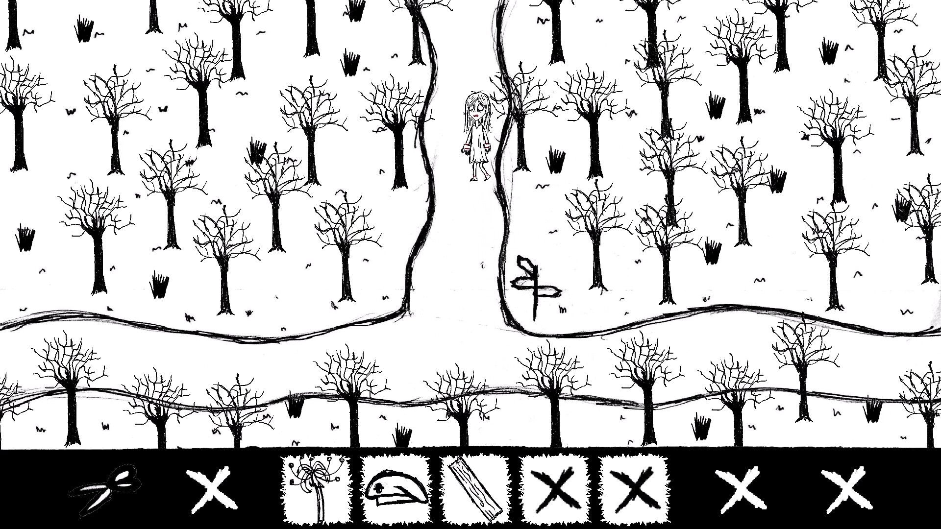 Paper Bleed: Character walking through a barren forest with inventory bar displaying various items.