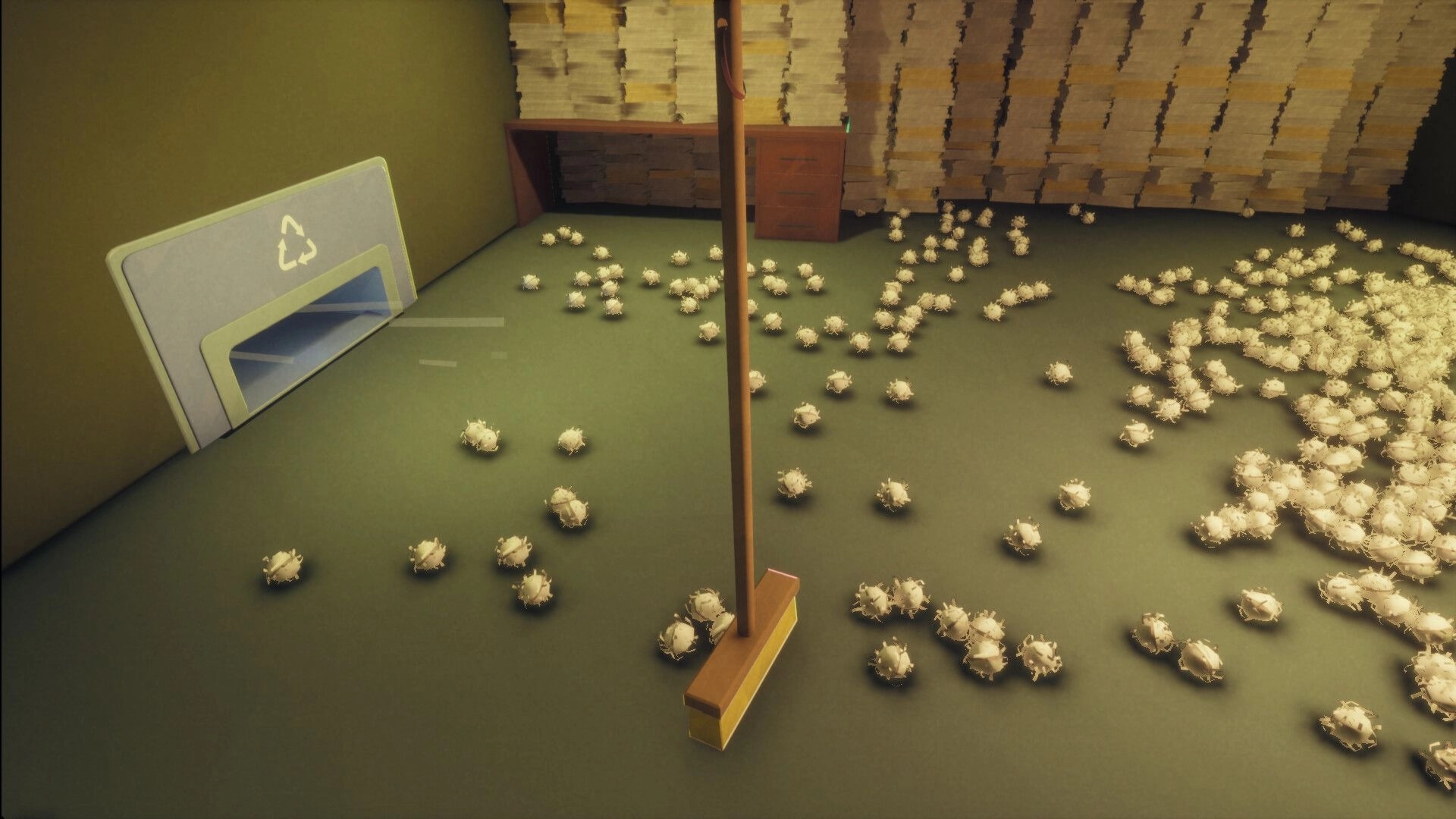 Paper Shredder: Sweeping piles of shredded paper balls toward a recycle bin in a cramped office room.