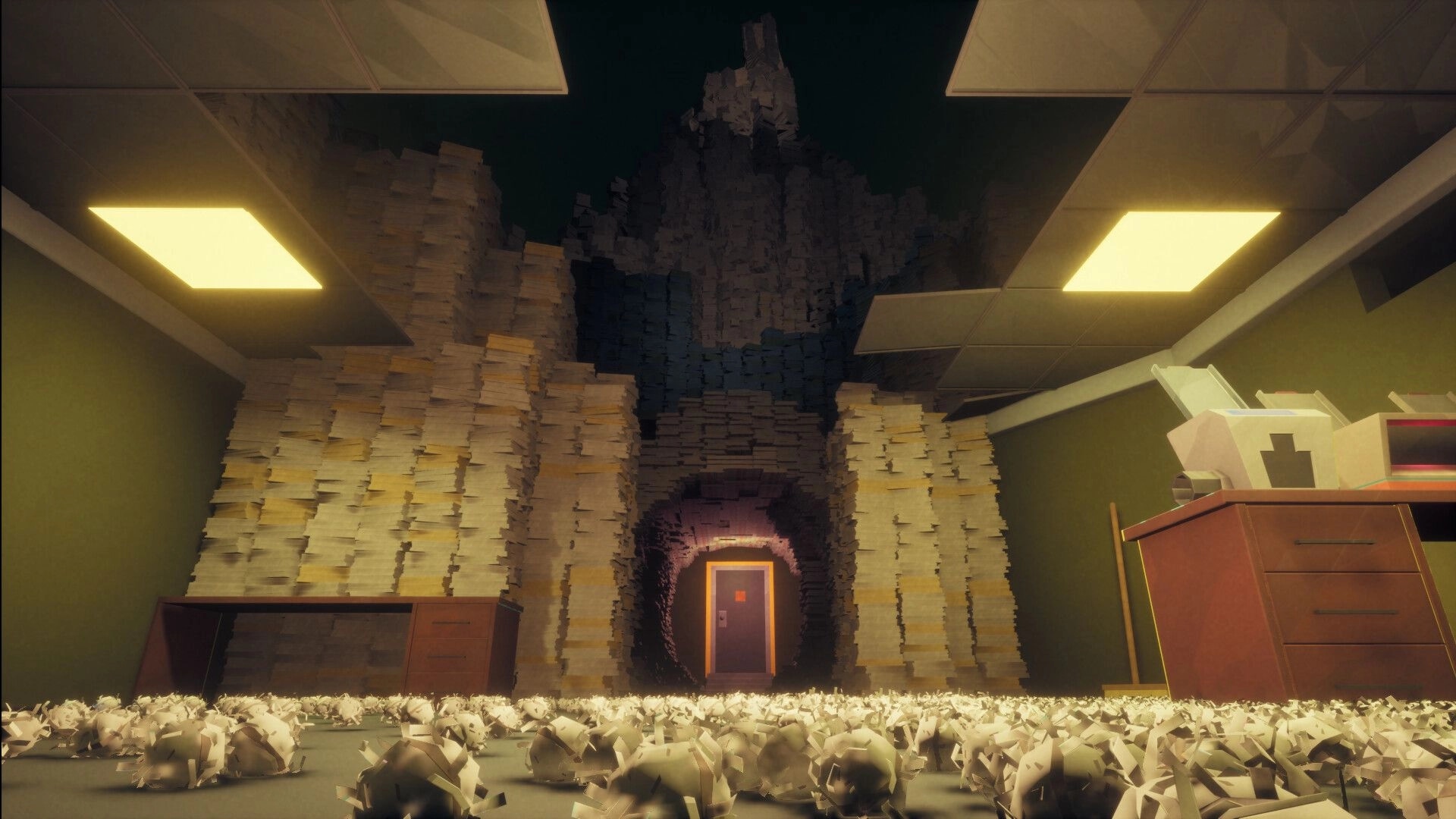 Paper Shredder: Towering stacks of paperwork block an office doorway, shredded paper littering floor.