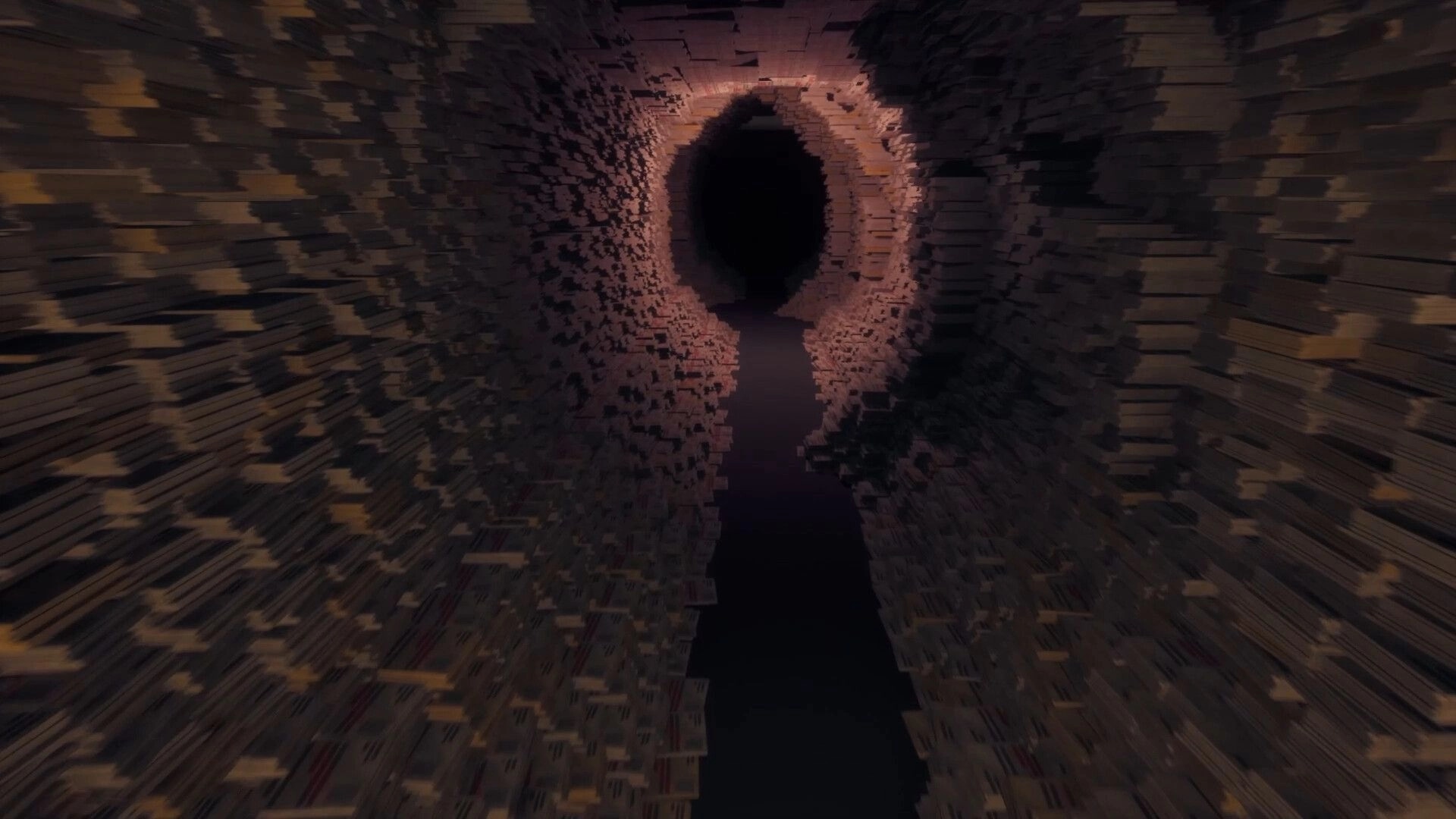 Paper Shredder: Paper stacks form a tunnel leading to a dark doorway in a dimly lit archive corridor.