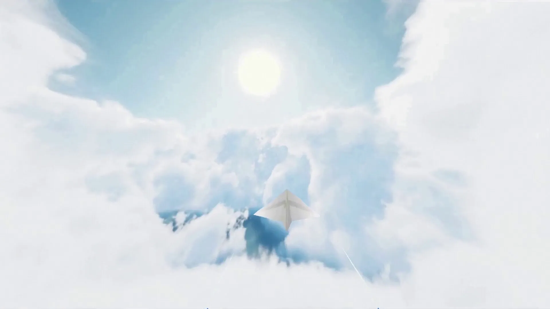 Paper Sky: Paper plane gliding through bright, cloudy sky under sunlit atmosphere