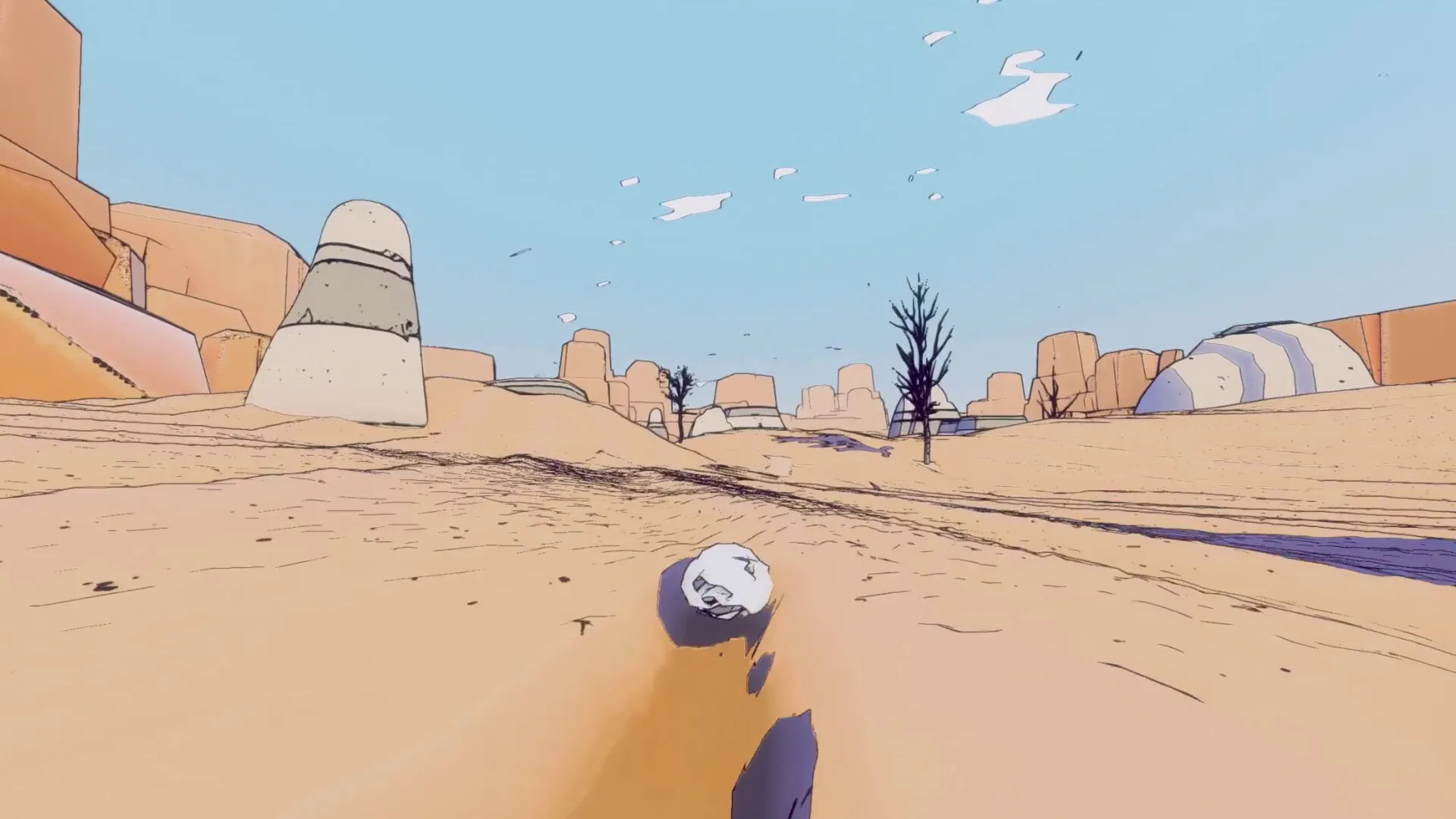 Paper Sky: Rolling paper ball traversing a vast desert landscape with scattered rocks and barren trees